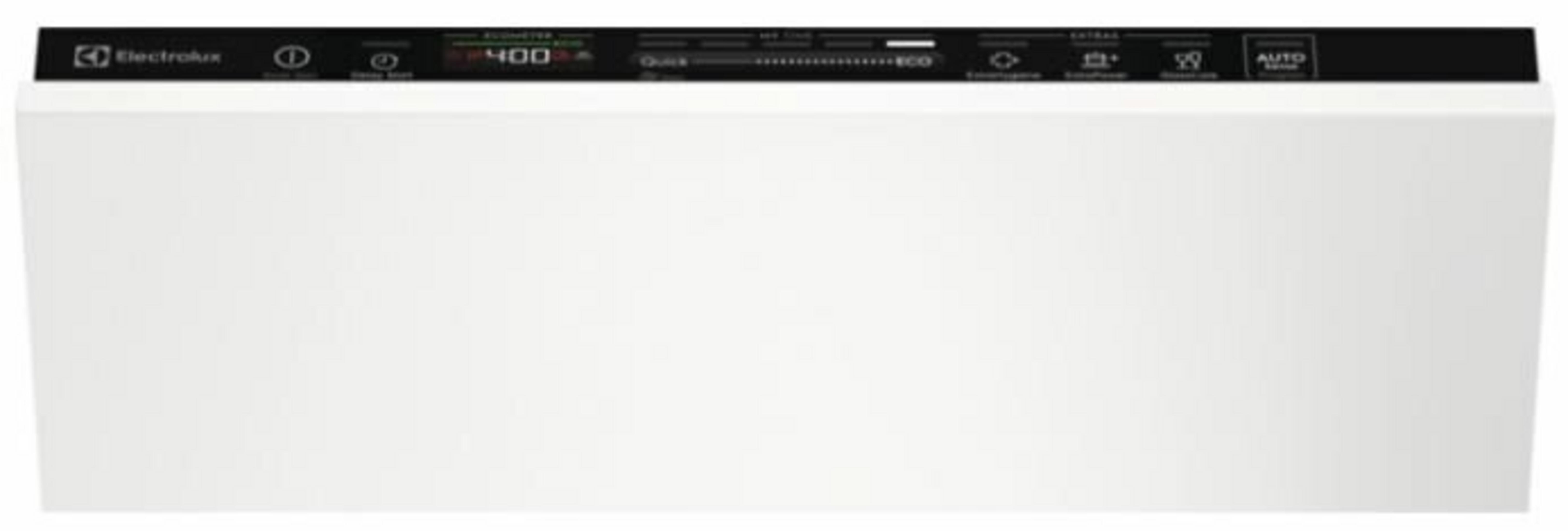 Lavavajillas blanco con panel de control negro arriba. Tiene botones y una pantalla que muestra '400'.