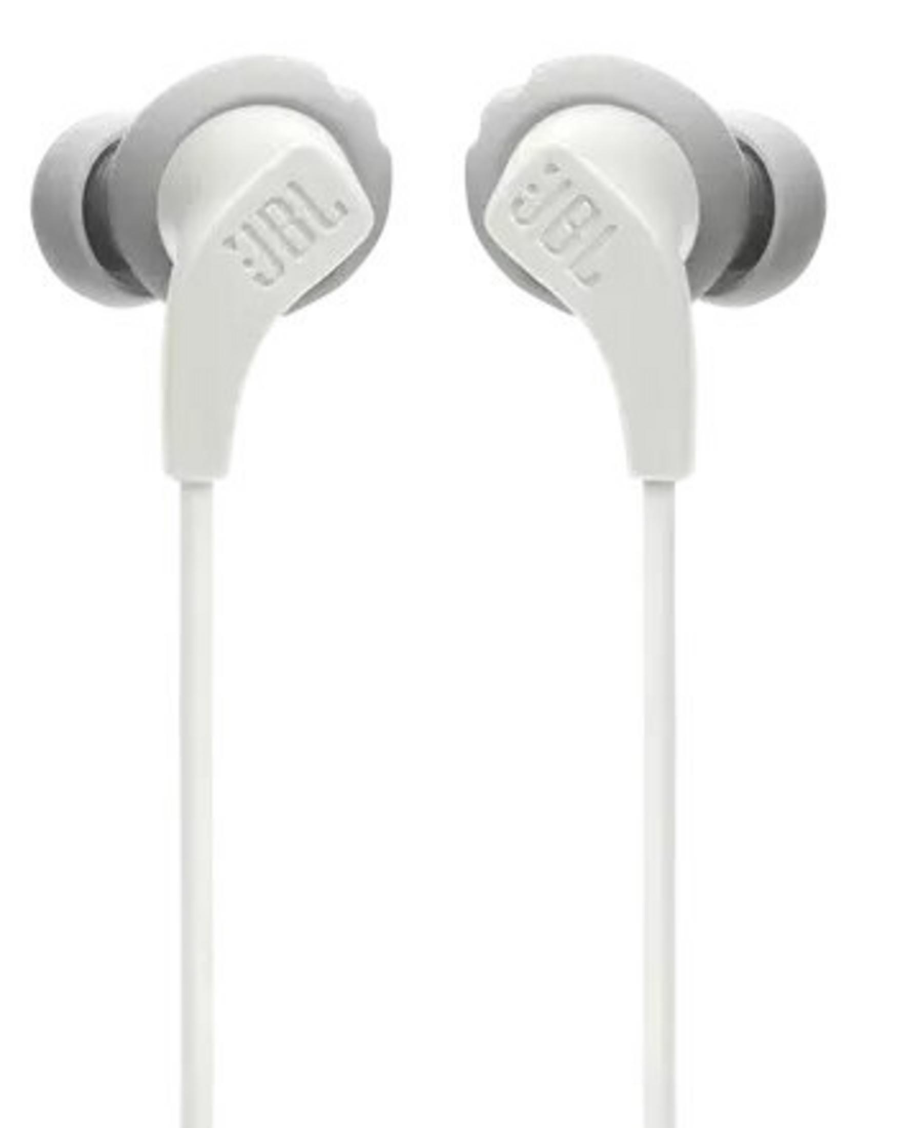 Due auricolari JBL bianche con inserti grigi. Il marchio è visibile su ciascun auricolare. Sfondo bianco.