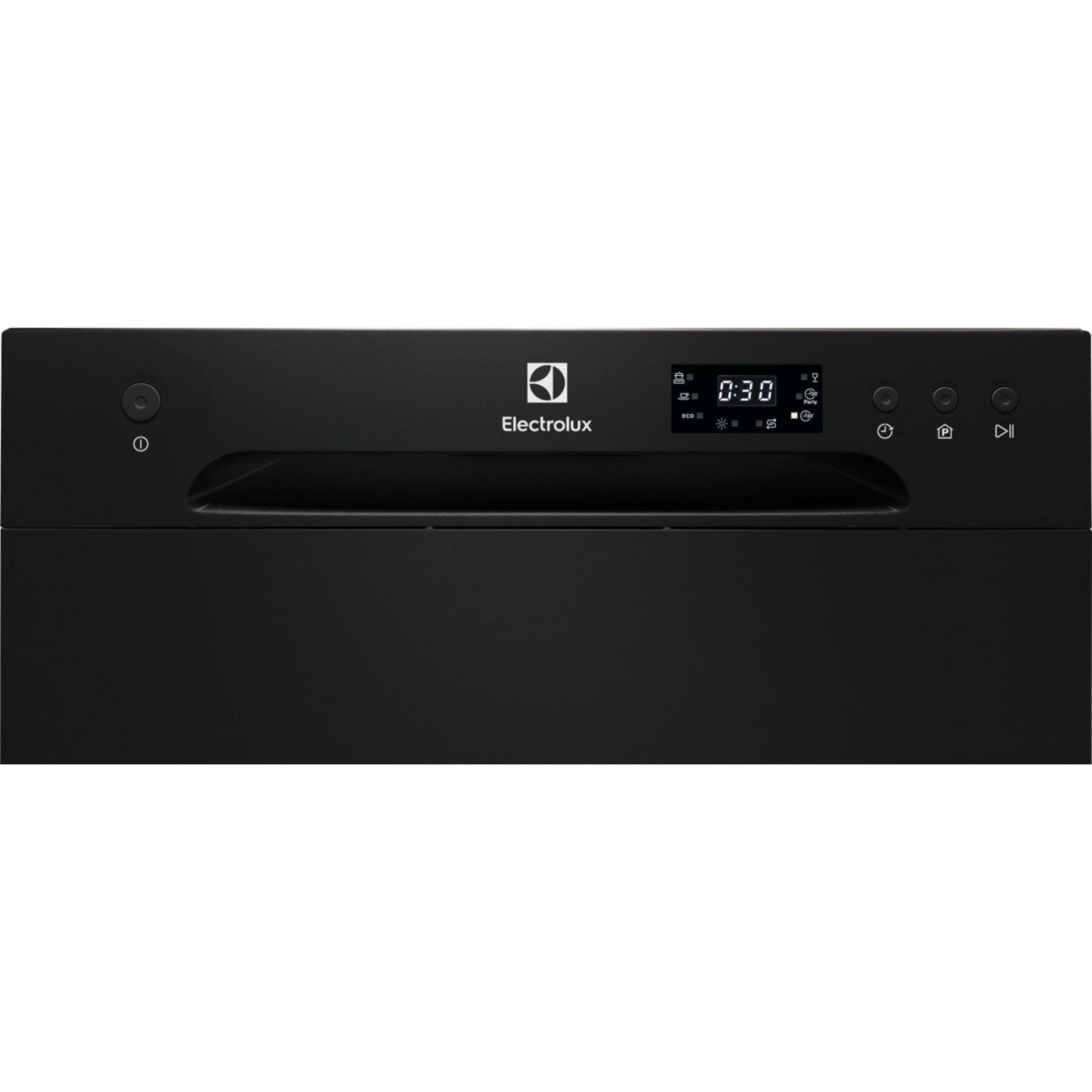 Ein schwarzer Electrolux-Geschirrspüler. Er hat eine Anzeige mit 0:30. Es gibt mehrere Knöpfe und einen Einschalter.