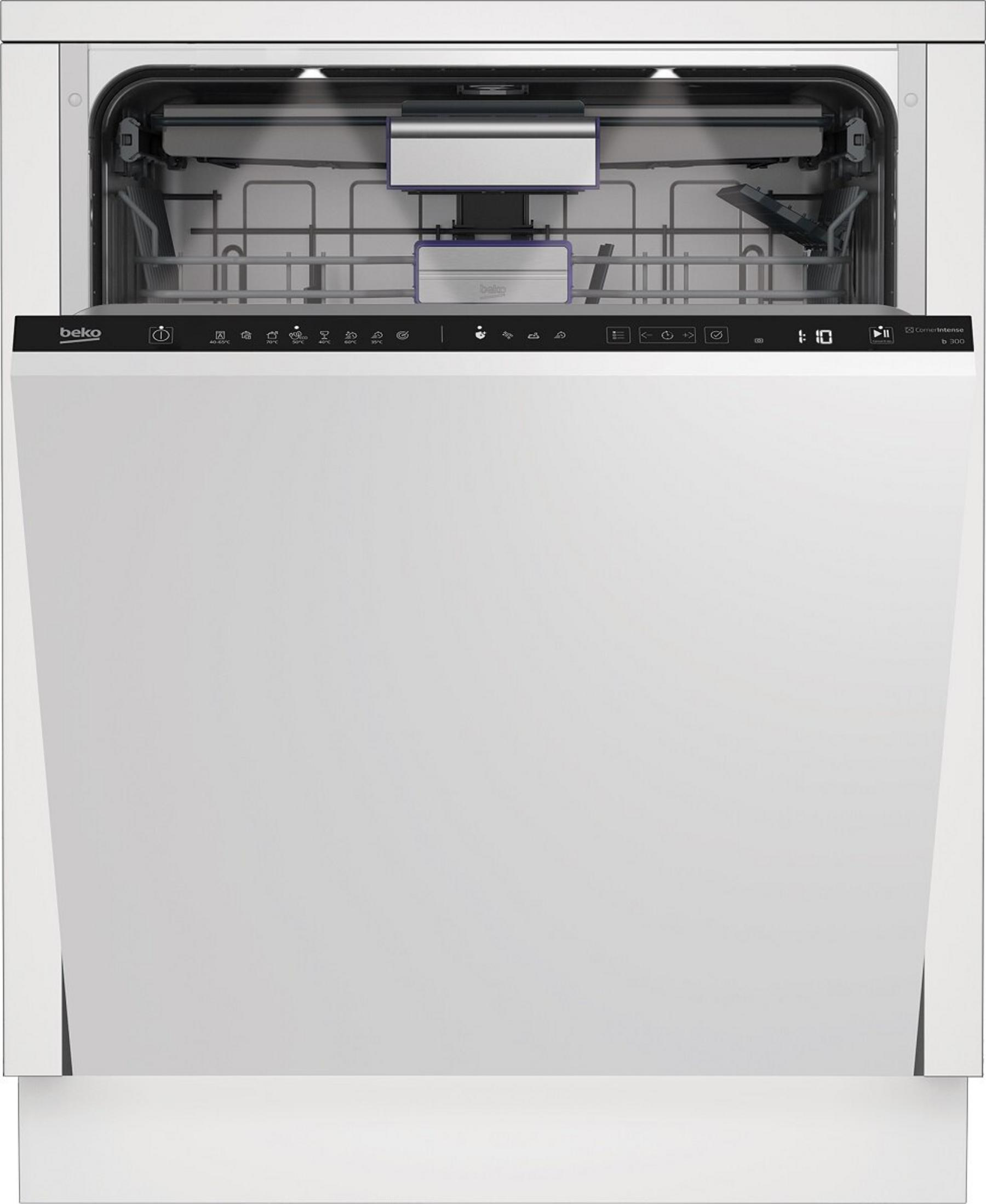 Lavastoviglie Beko bianca con porta aperta. Comandi in alto. Interno grigio. Il davanti è liscio e bianco.