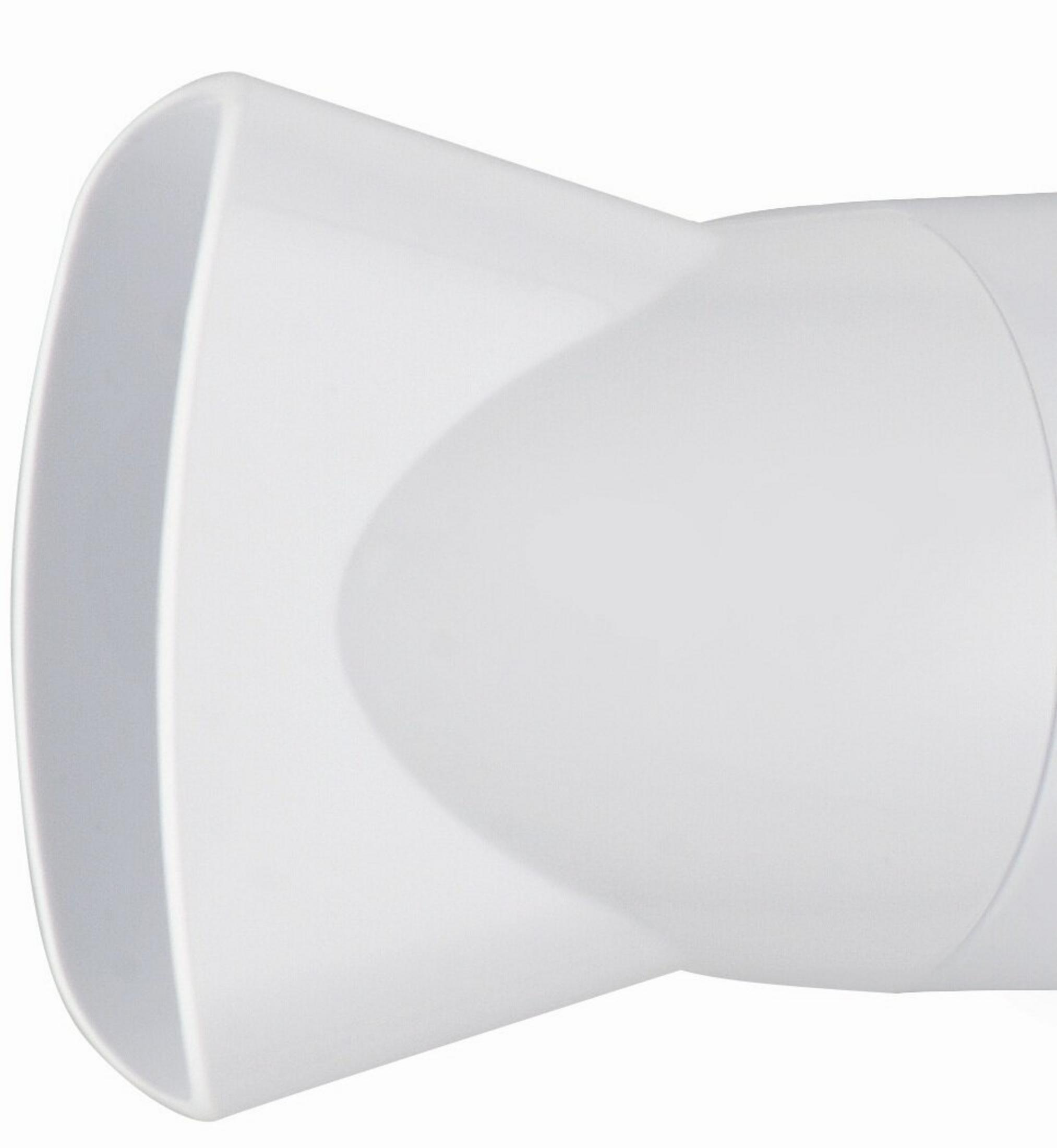 Een witte kunststof ventilatiebuis. Het heeft een rechthoekige opening die overgaat in een afgeronde vorm.