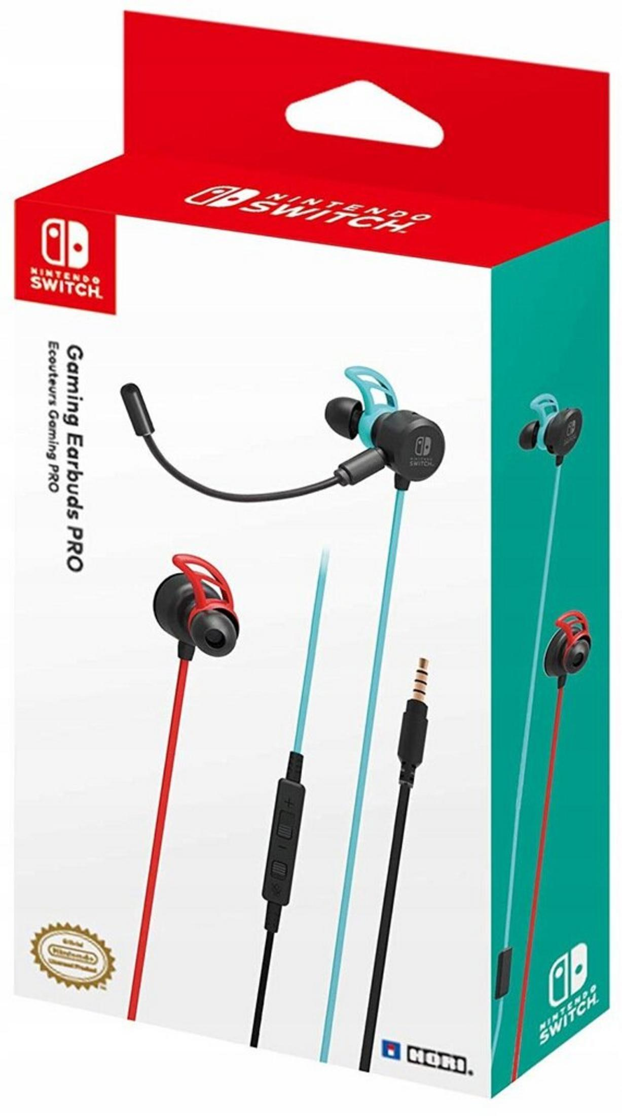 Box of Nintendo Switch Gaming Earbuds PRO. Earbuds are blue and red. Box is red and white with Nintendo logo.