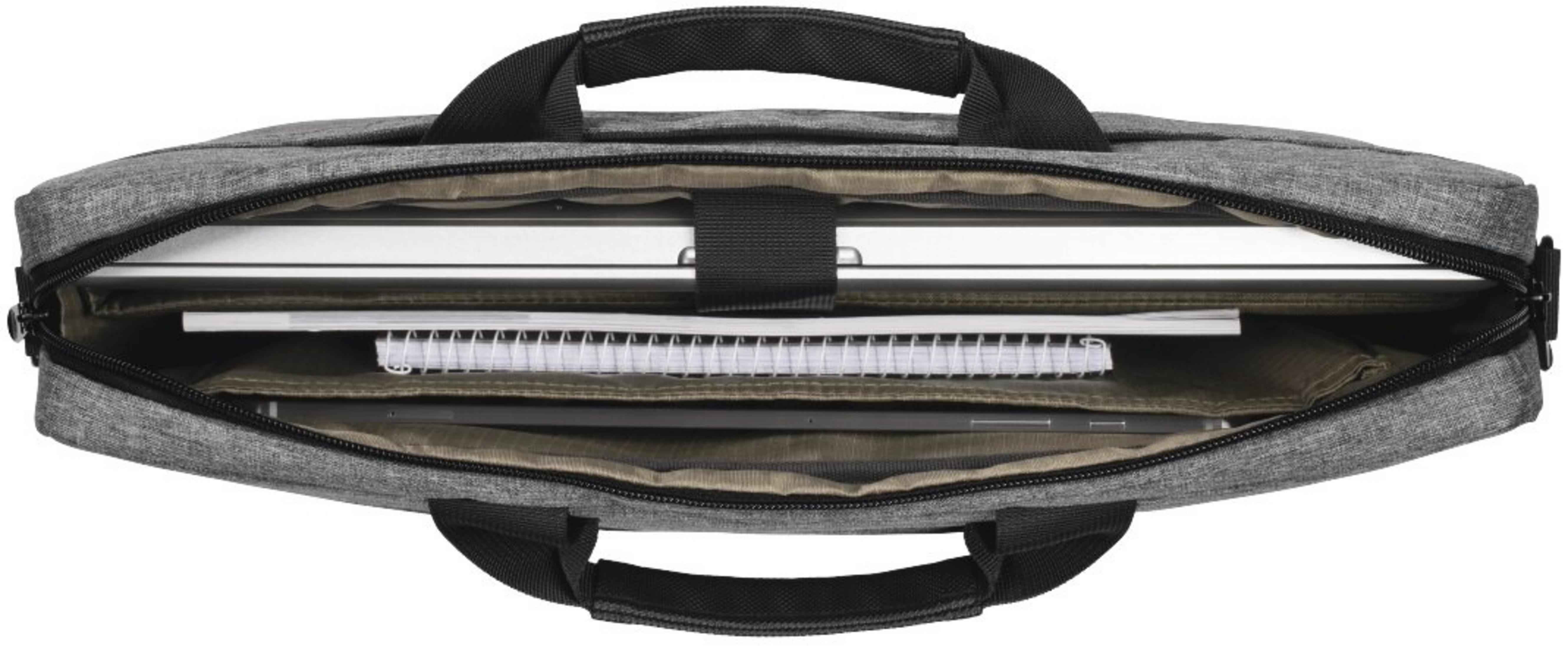 Eine graue Laptoptasche ist geöffnet und zeigt einen Laptop, einen Notizblock und ein Tablet. Sie hat schwarze Griffe und einen Reißverschluss.