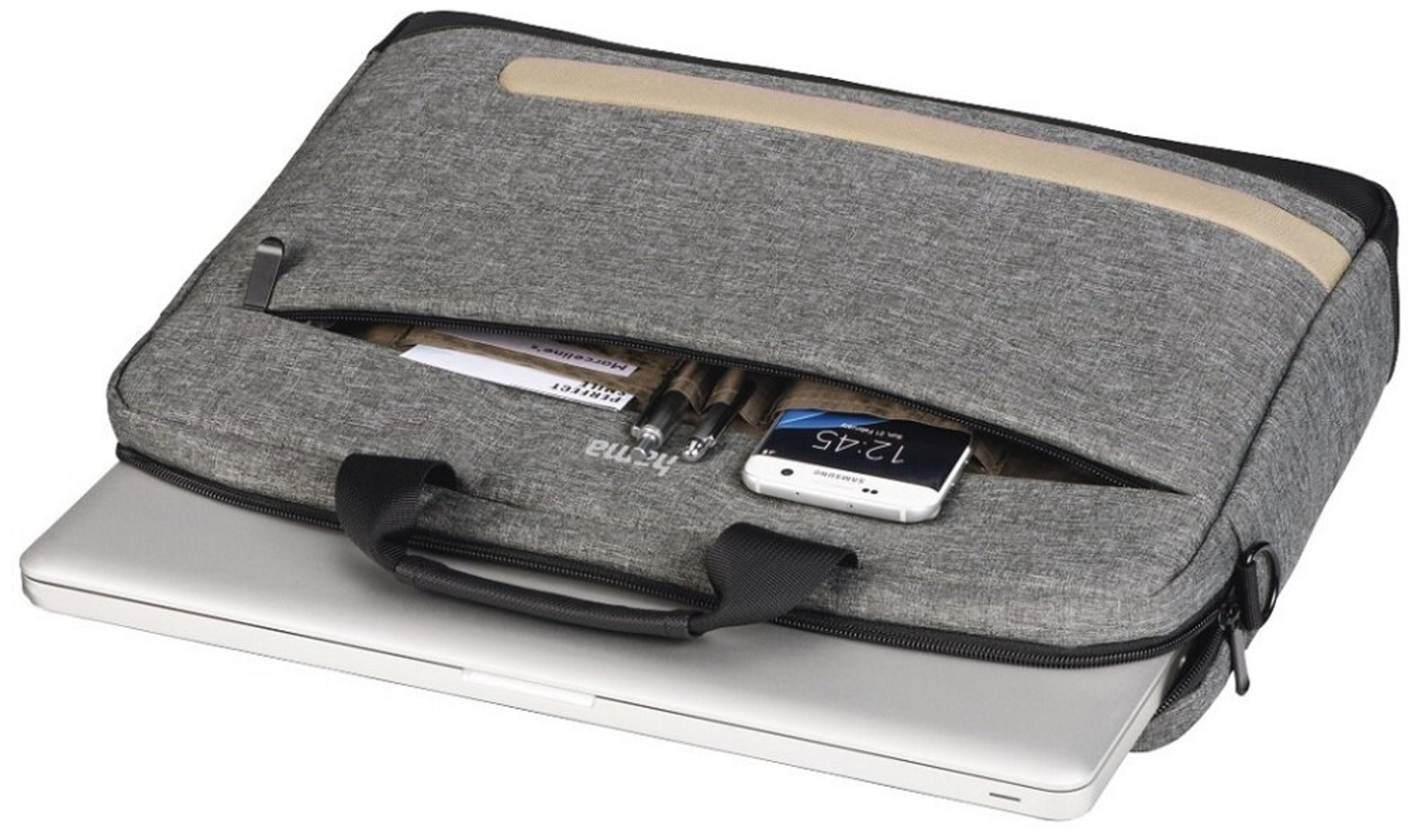 Eine graue Laptoptasche mit einem Laptop darin. Die Tasche enthält ein Handy, Stifte und Papiere. Die Uhrzeit auf dem Telefon ist 12:45.