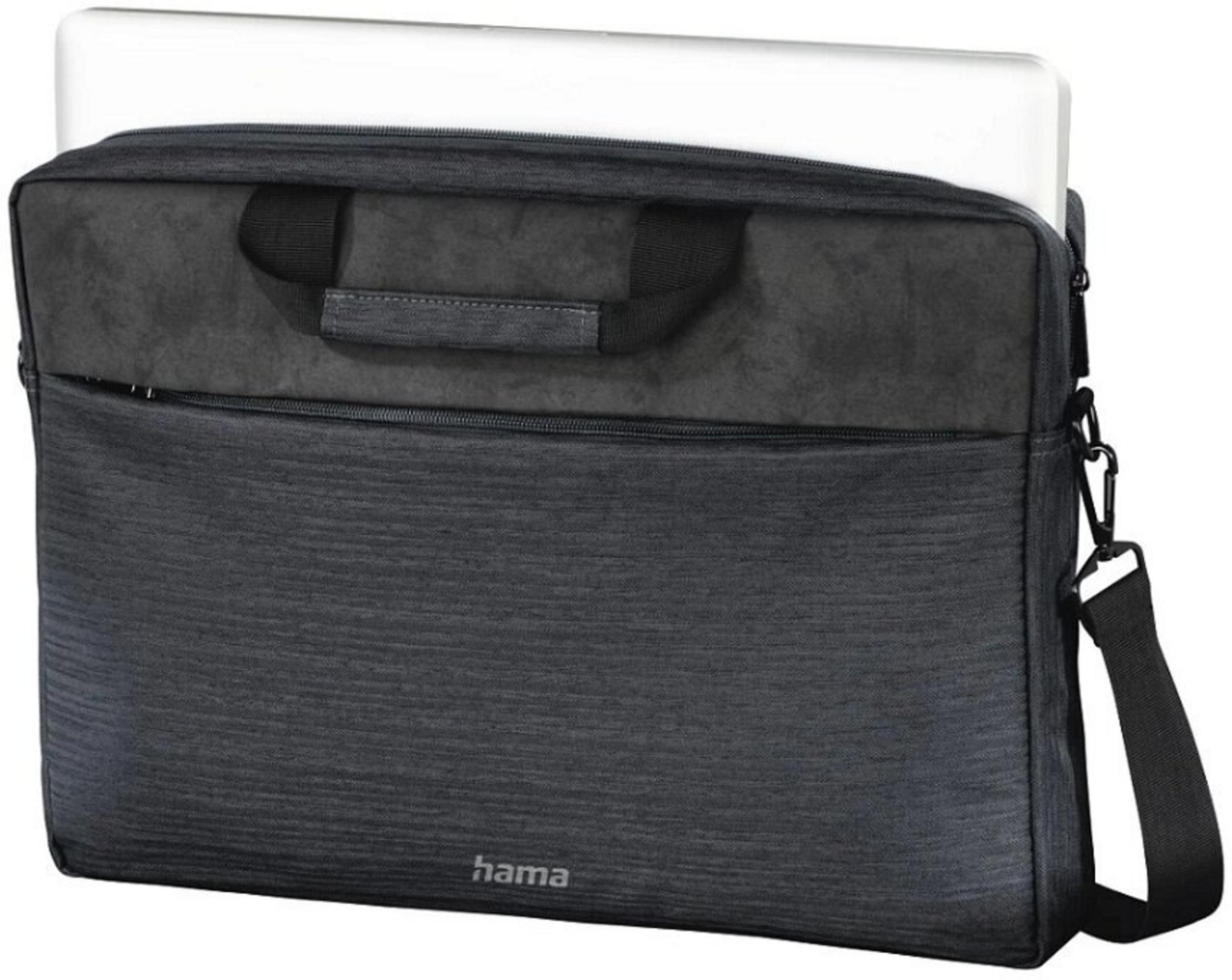 Ciemnoszara torba na laptopa z białym laptopem w środku. Torba ma uchwyt i pasek na ramię. Widoczna marka Hama.