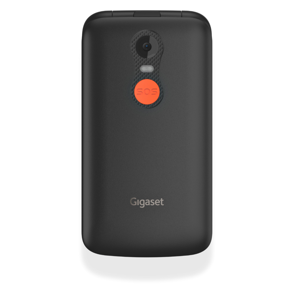 La parte trasera de un teléfono Gigaset negro. Tiene una cámara, un botón SOS naranja y el nombre de la marca.