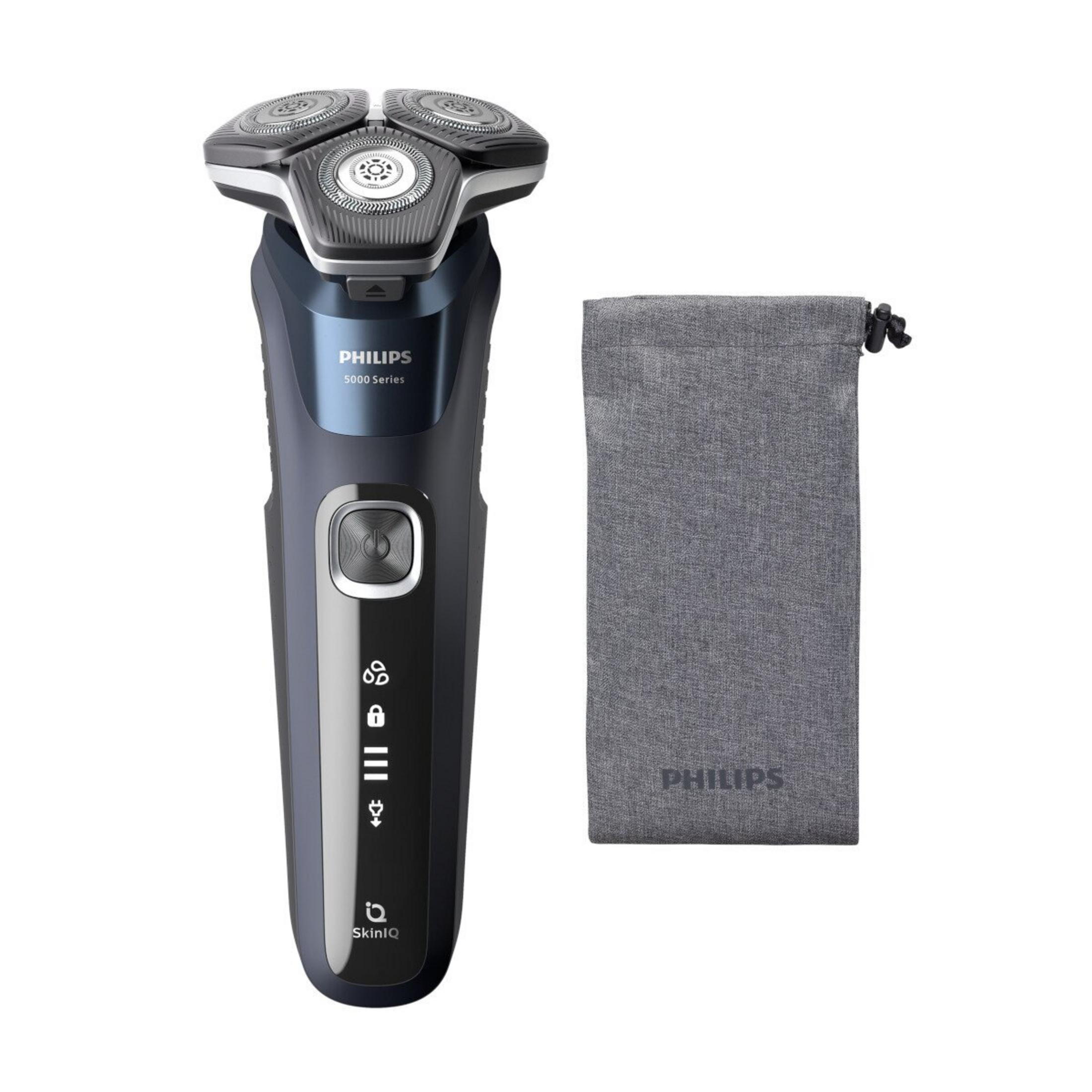 Rasoio elettrico Philips serie 5000 con custodia da viaggio grigia. Il rasoio è blu scuro e nero.