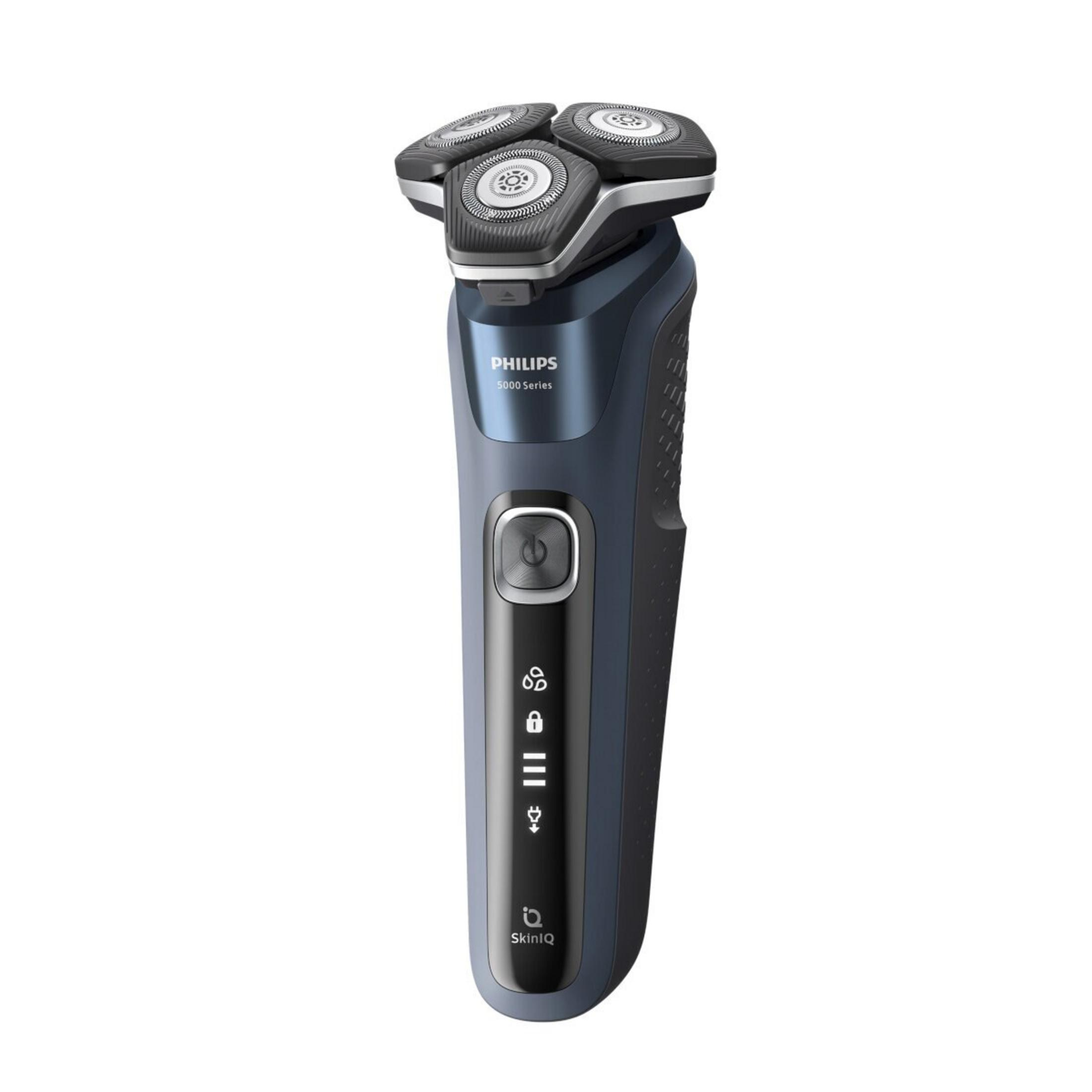 Rasoio Philips blu scuro con tre testine rotanti e accenti argentati.