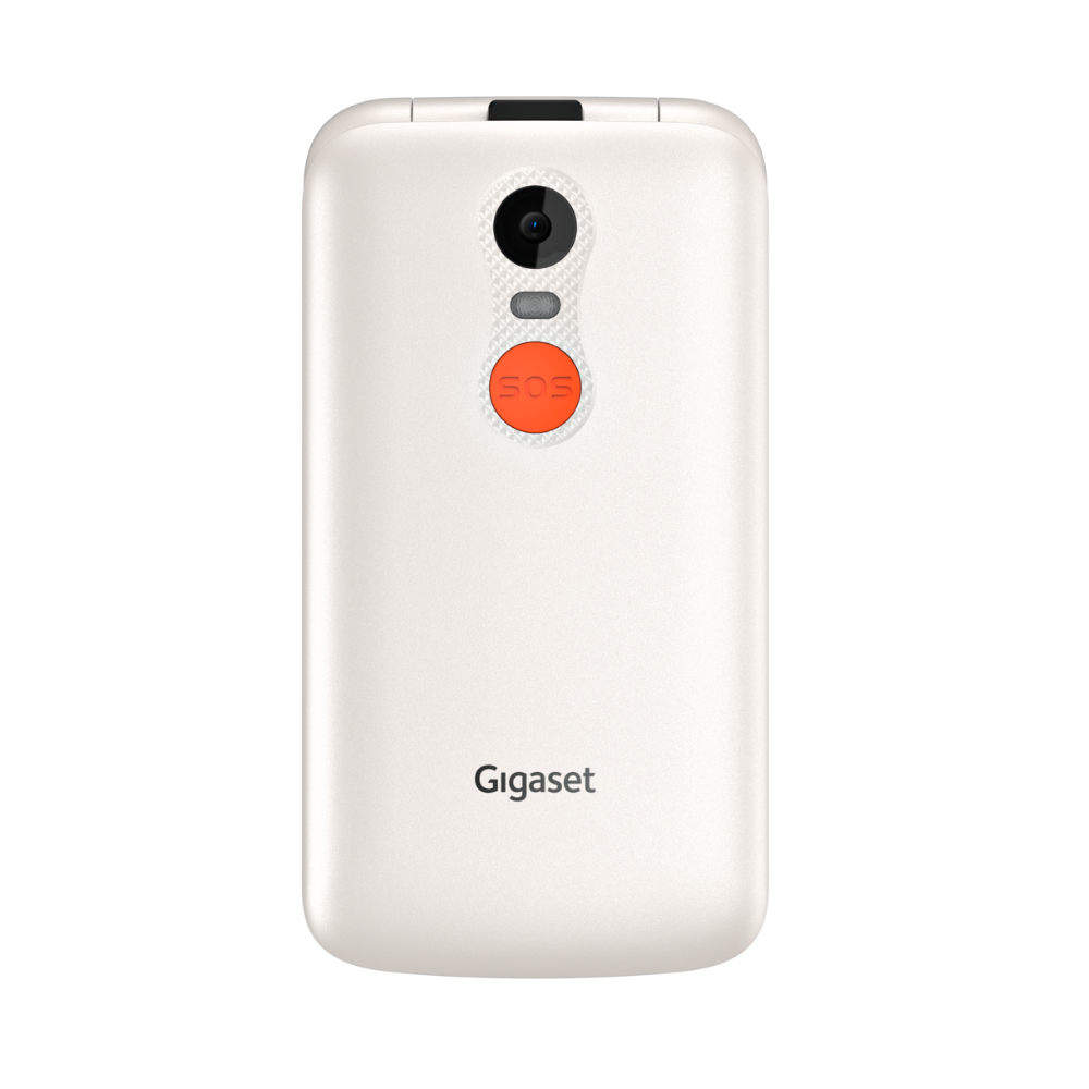 Rückseite eines weißen Gigaset-Telefons. Mit Kamera, SOS-Taste und Gigaset-Logo auf schwarzem Hintergrund.