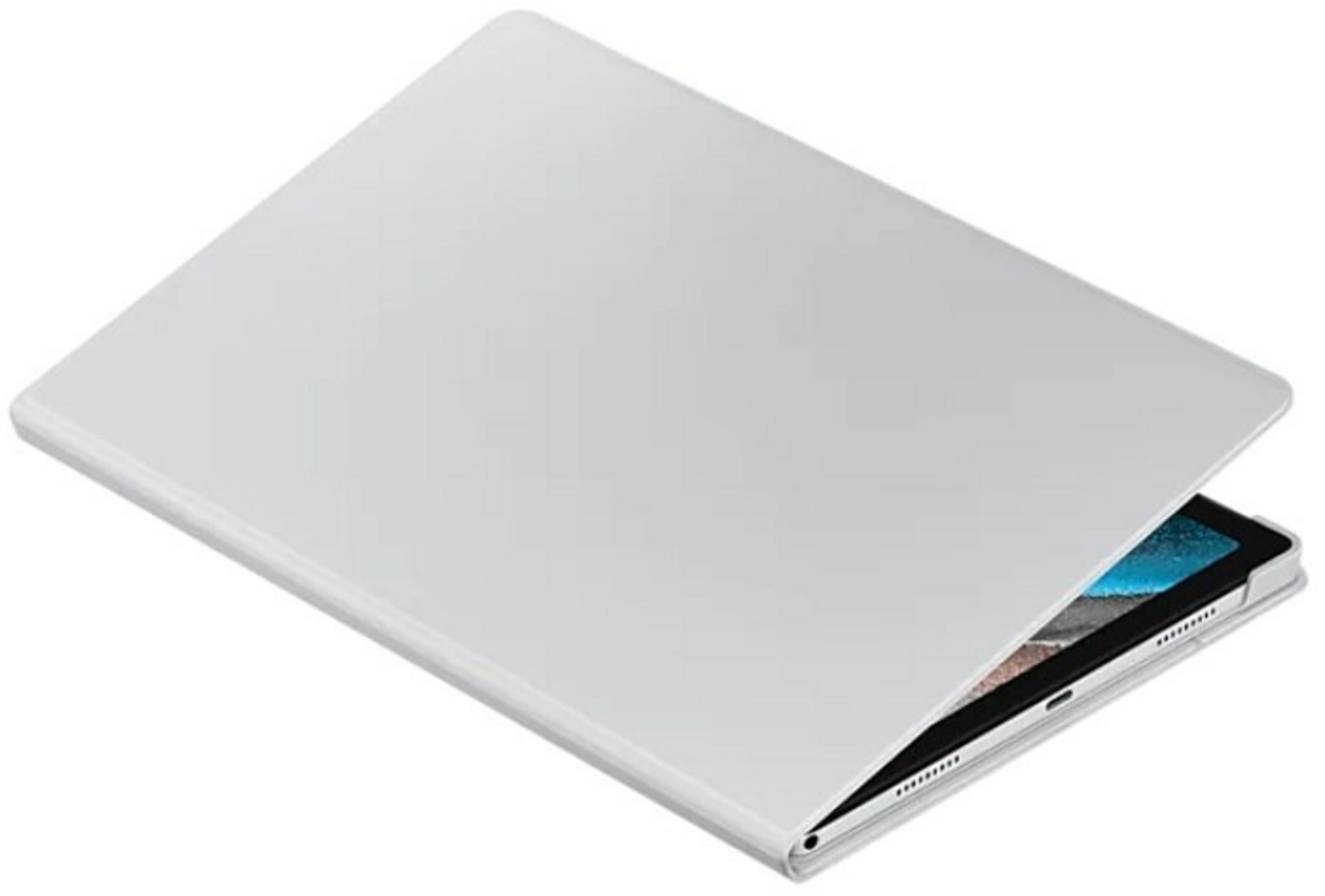 Una funda blanca para tableta está parcialmente abierta, revelando la tableta. La funda y la tableta son claras.
