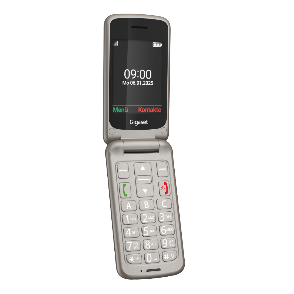Ein silbernes Klapphandy zeigt die Uhrzeit 09:00 und das Datum an. Es hat eine Tastatur mit großen Tasten und den Markennamen Gigaset.