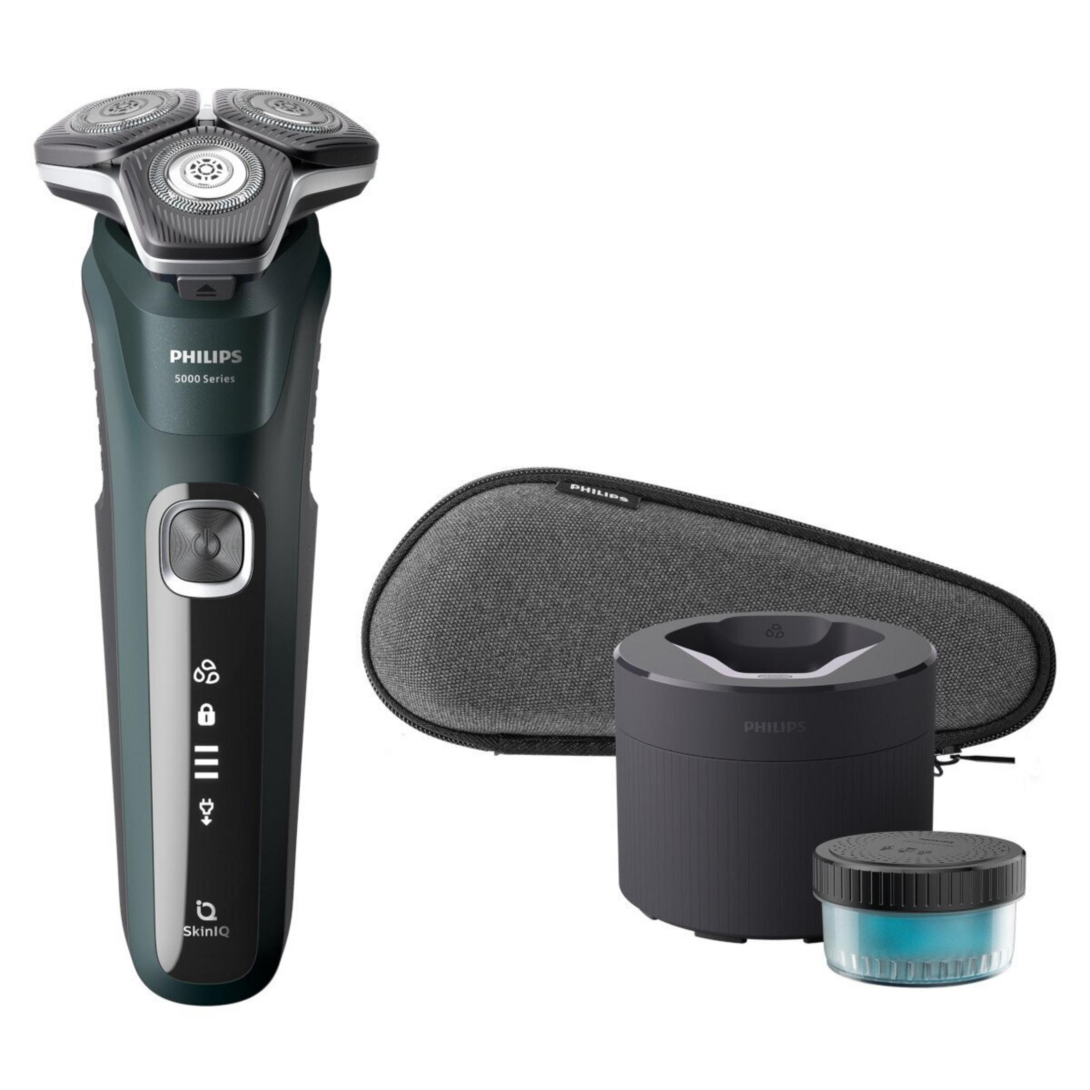 Rasoir Philips avec station de charge, étui de voyage et capsule.