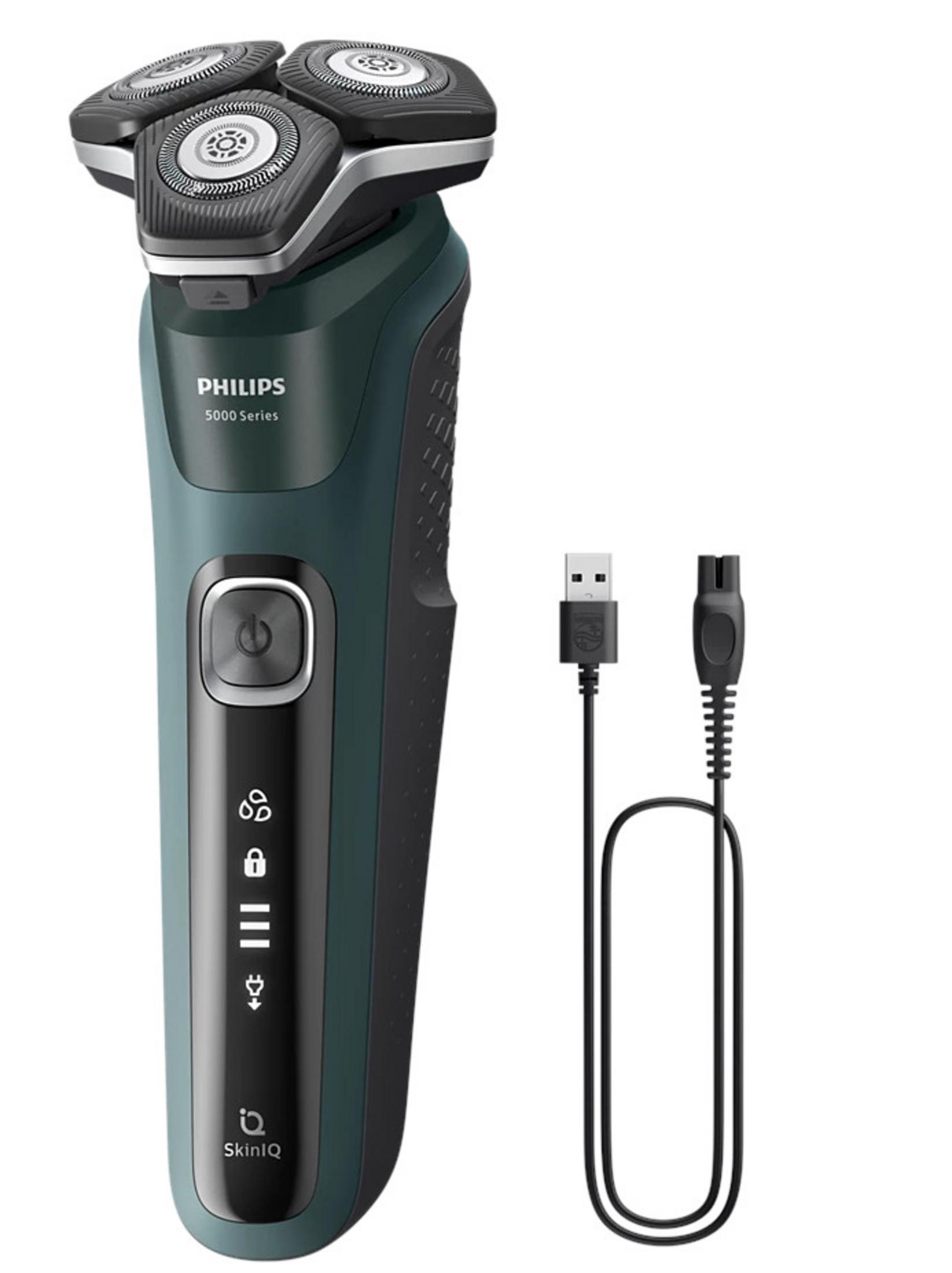 Un rasoir électrique Philips avec câbles de charge. Le rasoir est bleu-vert et noir. Les câbles sont noirs.
