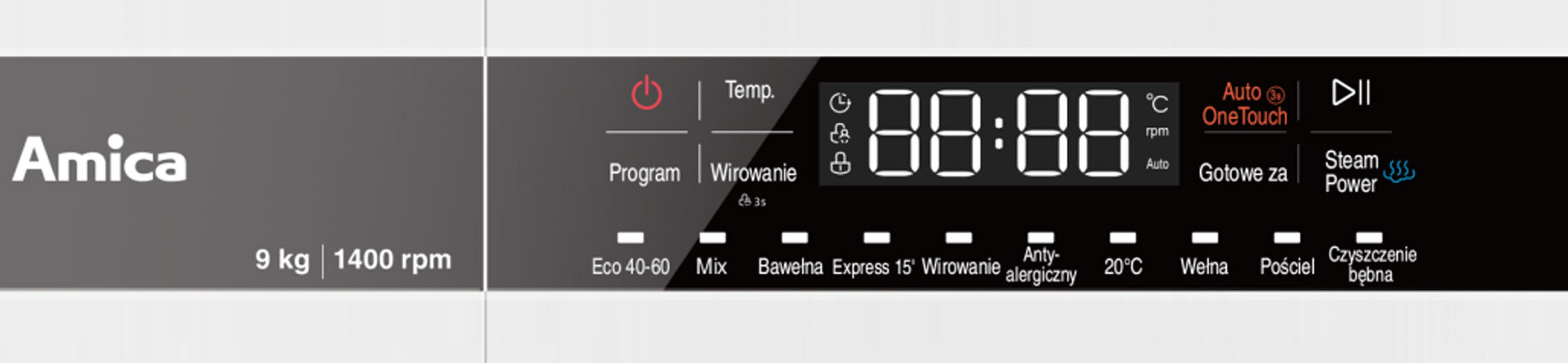 Panel sterowania pralki wyświetlający ustawienia, w tym cyfrowy timer, temperaturę i różne opcje programu.