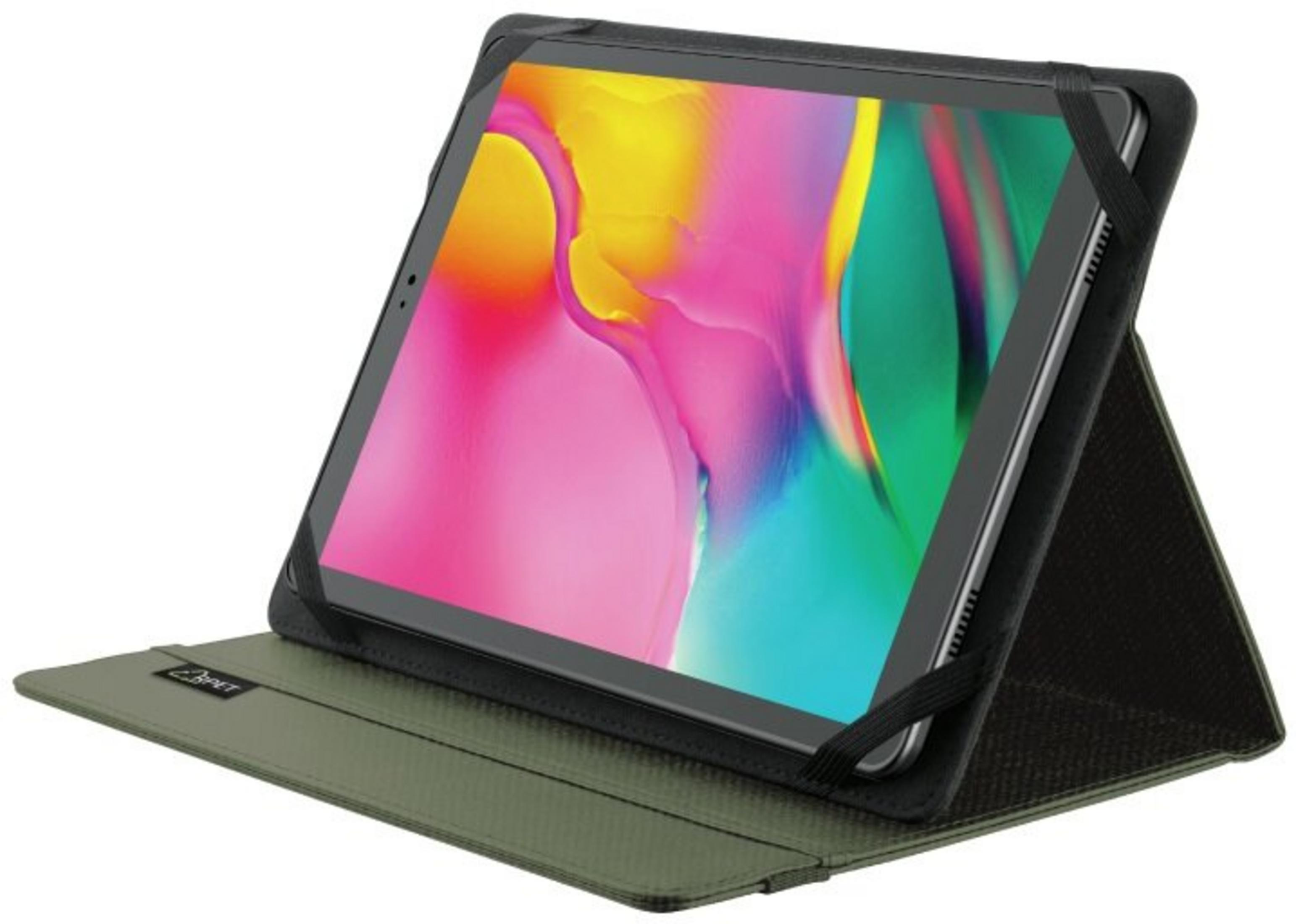 Tablet w etui, ekran z kolorową sztuką abstrakcyjną. Etui oliwkowo-zielone i czarne, ze stojakiem.