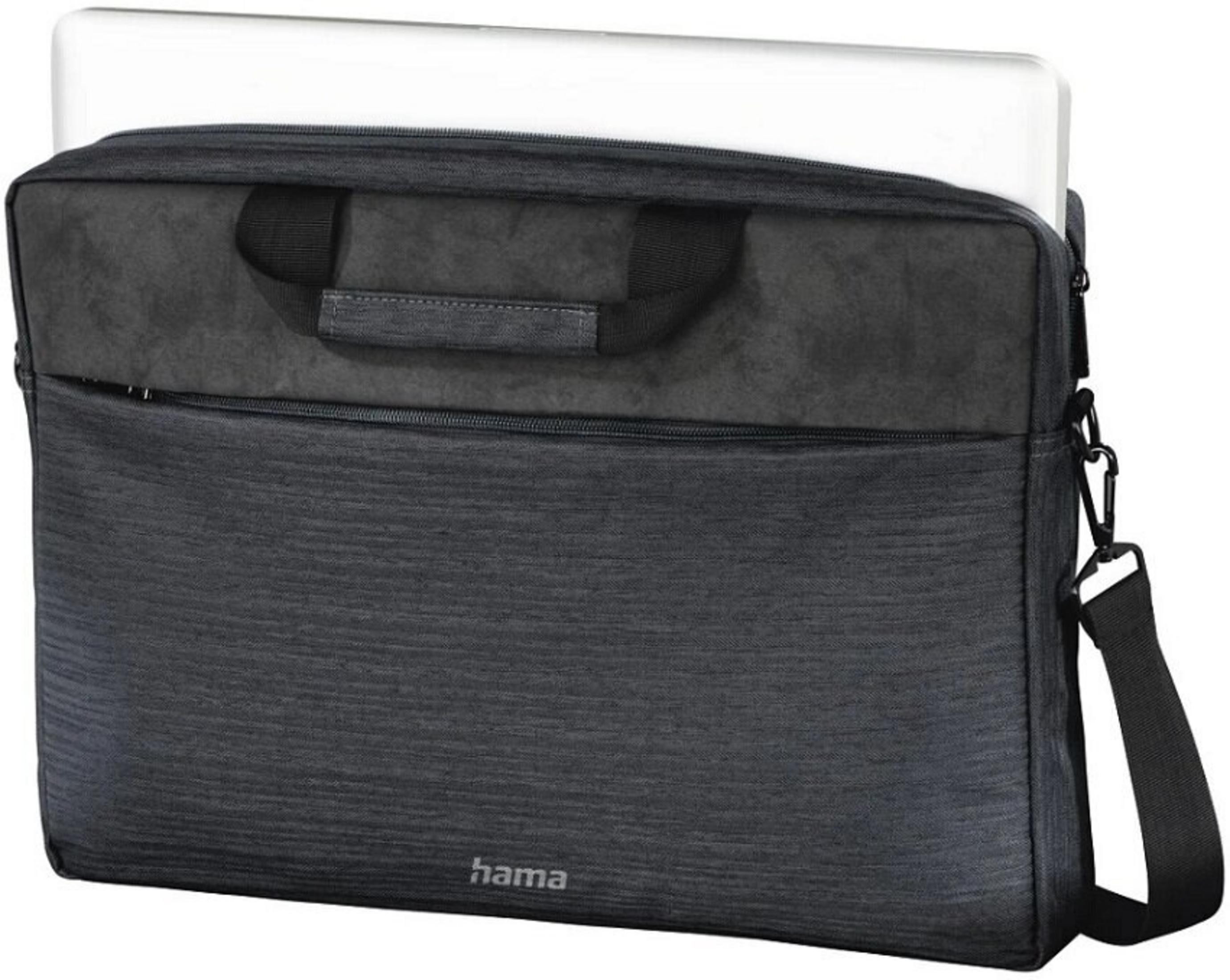 Ciemnoszara torba na laptopa z białym laptopem w środku. Posiada uchwyt i pasek.