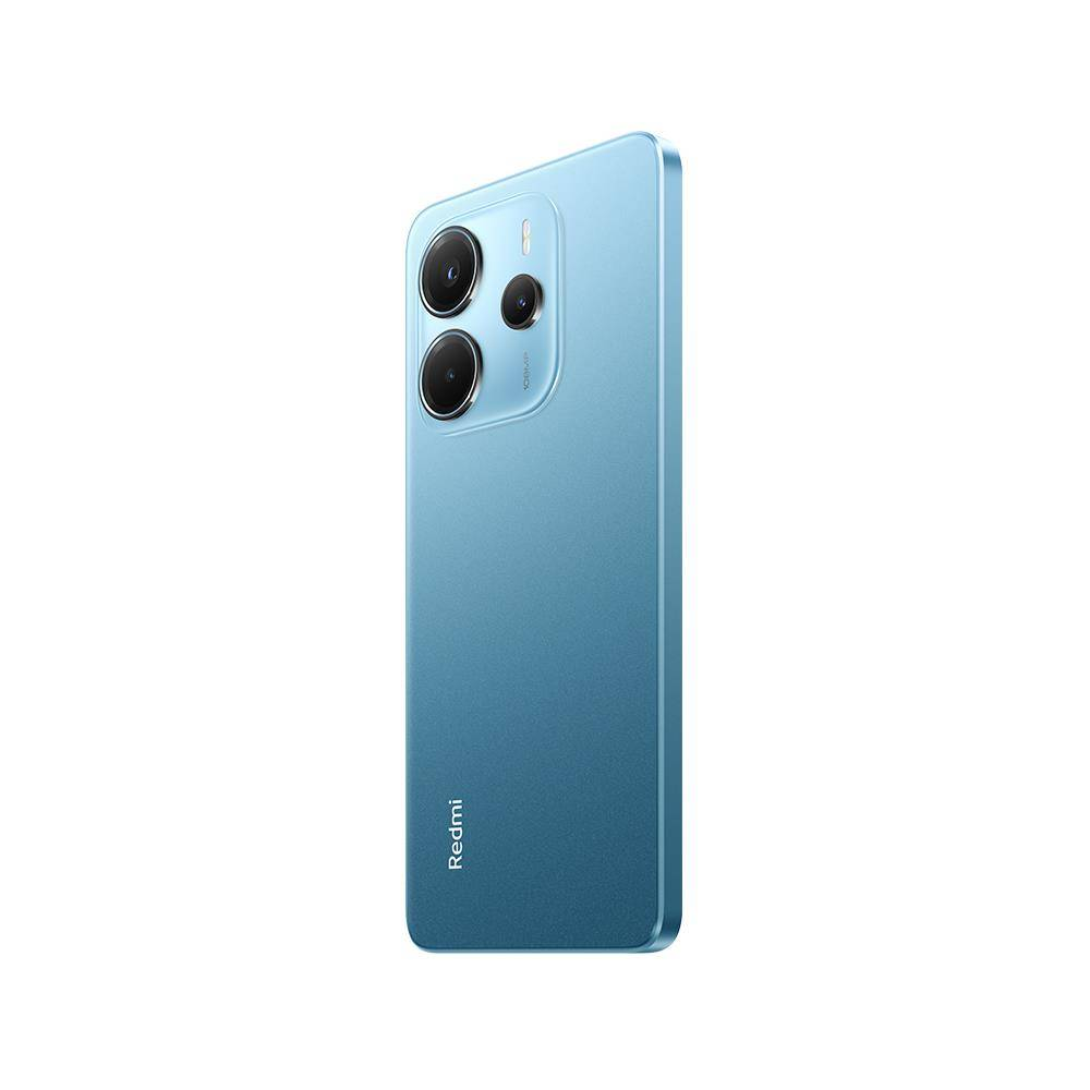 Mavi bir akıllı telefon profilden gösteriliyor. Üç kamera merceği görülebilir. Redmi logosu altta.