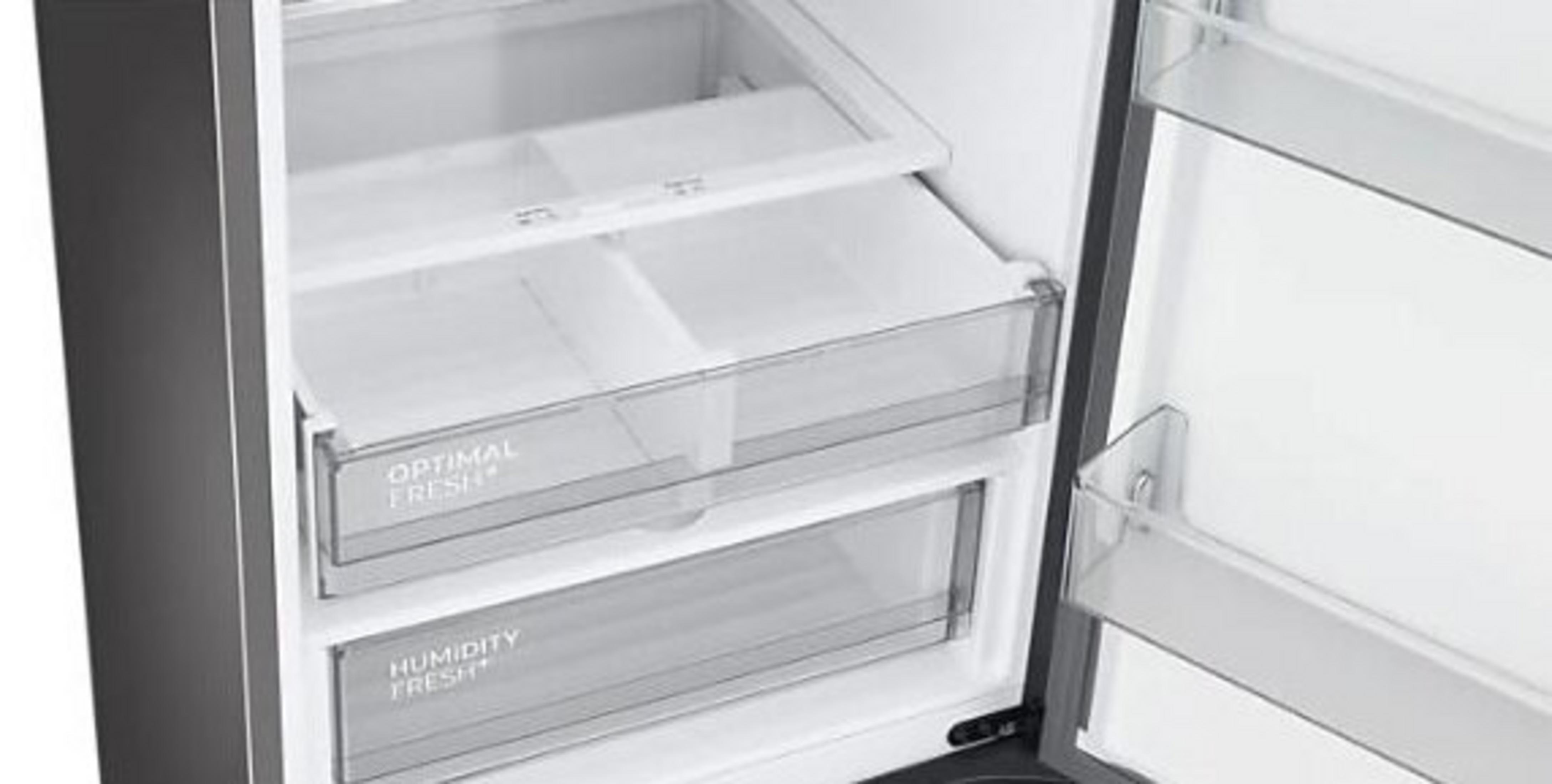 Intérieur de réfrigérateur ouvert avec tiroirs transparents. Étiquettes: 'Optimal Fresh' et 'Humidity Fresh'. Tons blancs et gris.