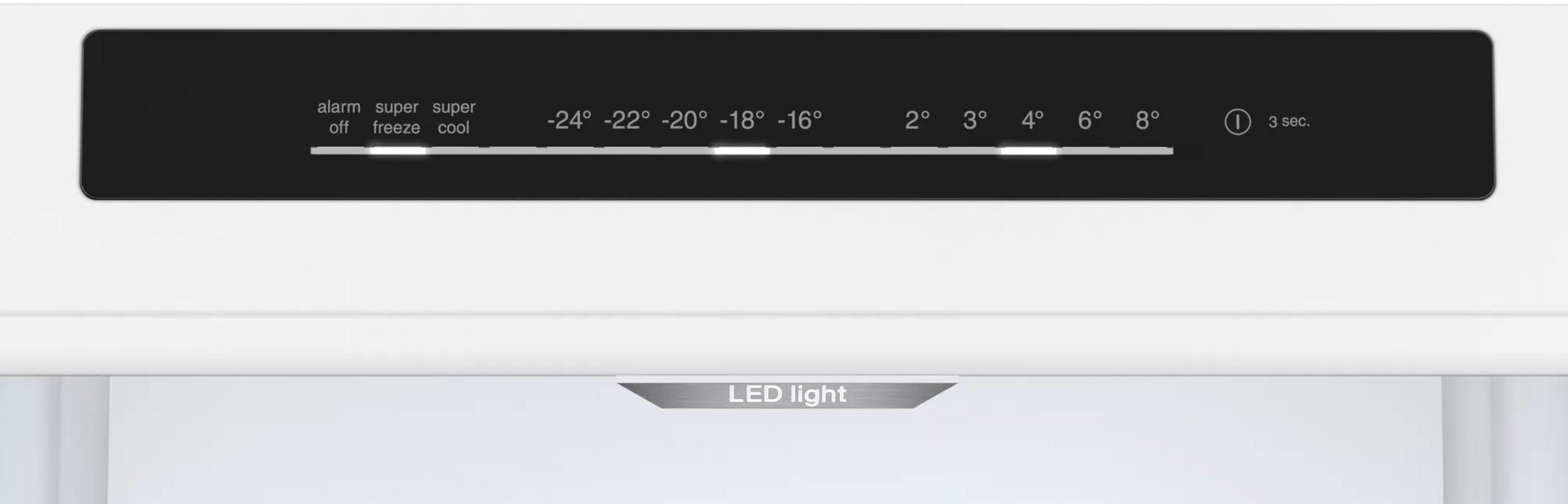Kühlschrank-Bedienfeld. Zeigt Alarm-, Gefrier-, Kühl-Einstellungen und Temperatureinstellungen von -24° bis 8°C. LED-Licht unten.