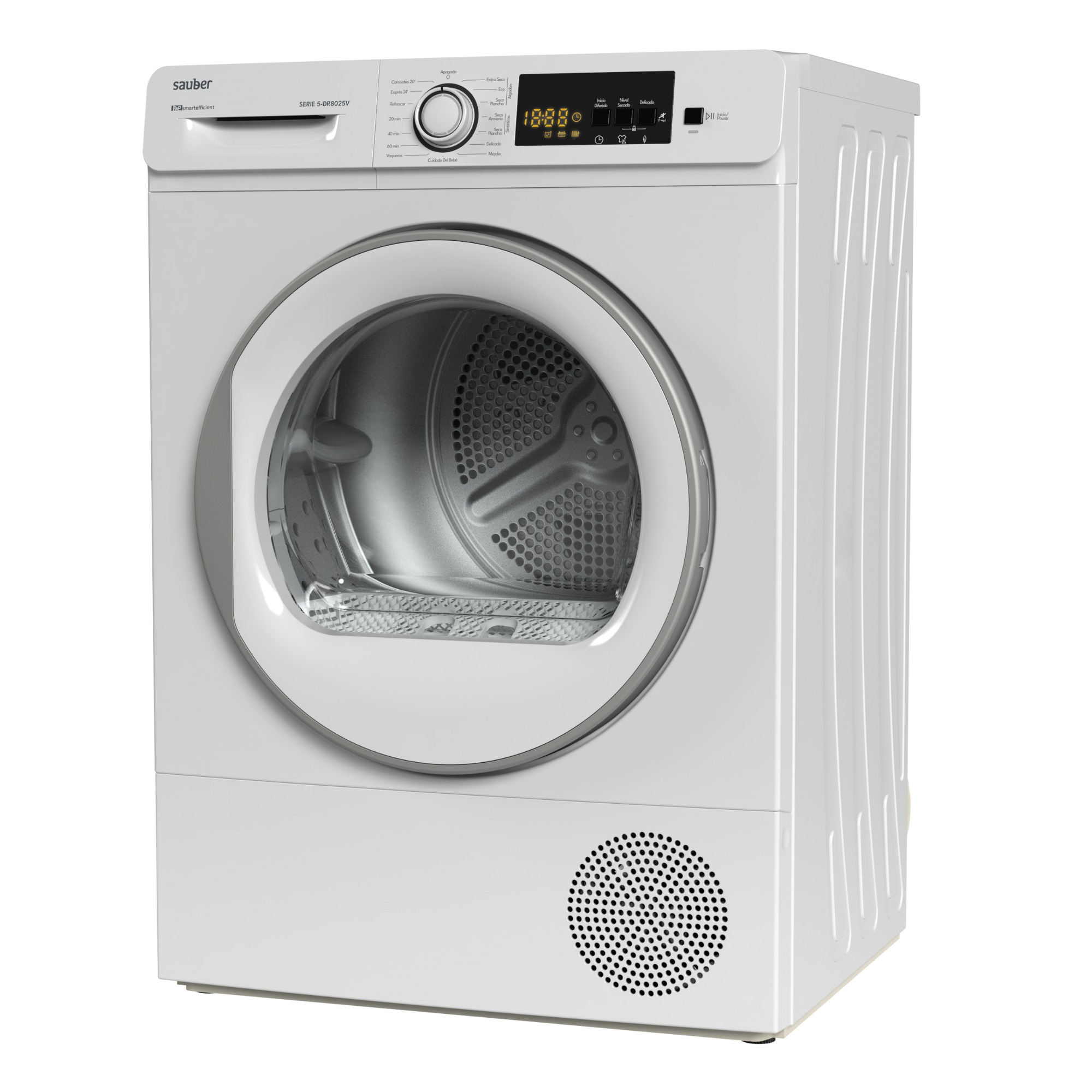 Una secadora Sauber blanca con pantalla digital y panel de control. La puerta es redonda con un borde plateado.