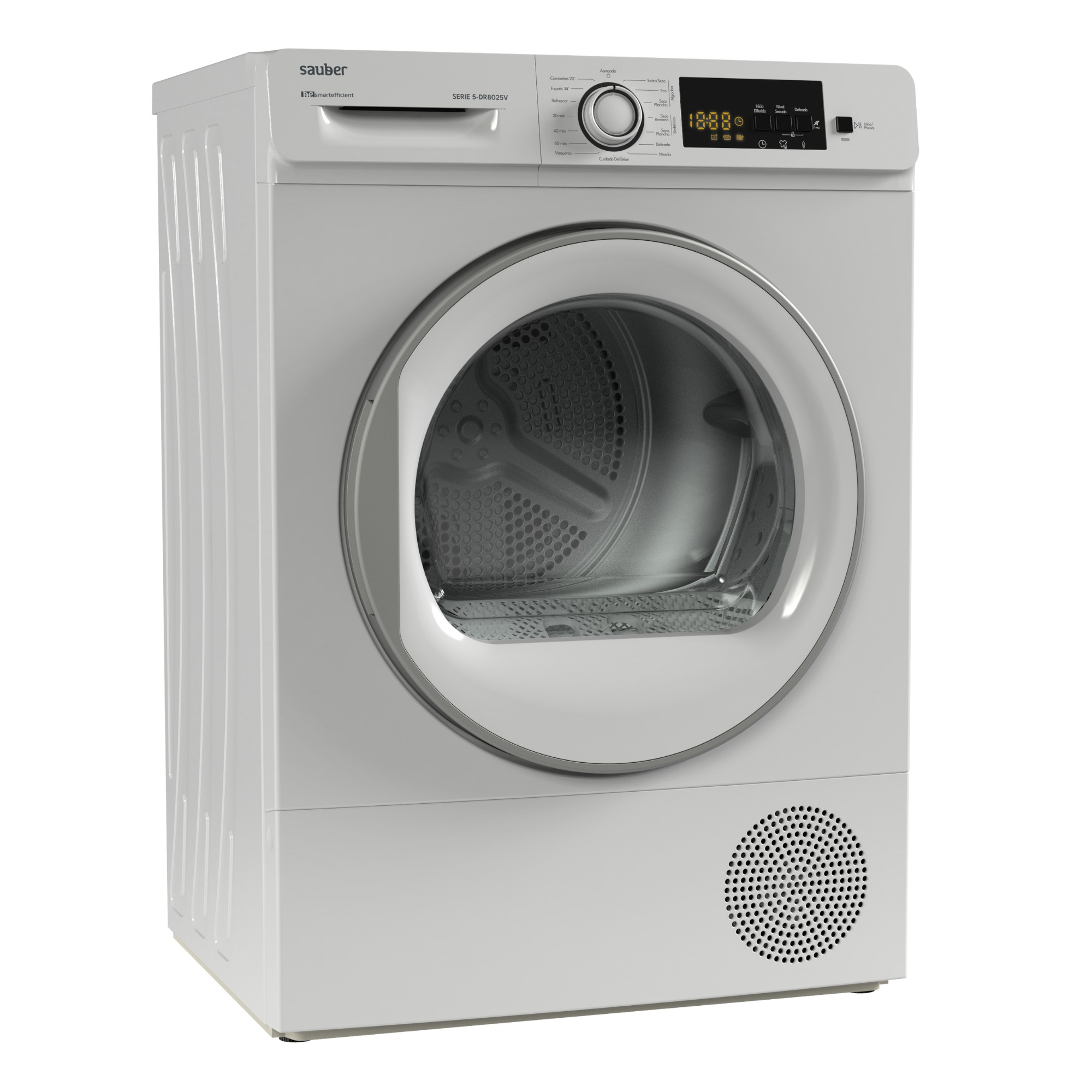 Una secadora Sauber blanca. Tiene una puerta circular y un panel de control. La pantalla muestra 18:88. Tiene un altavoz.