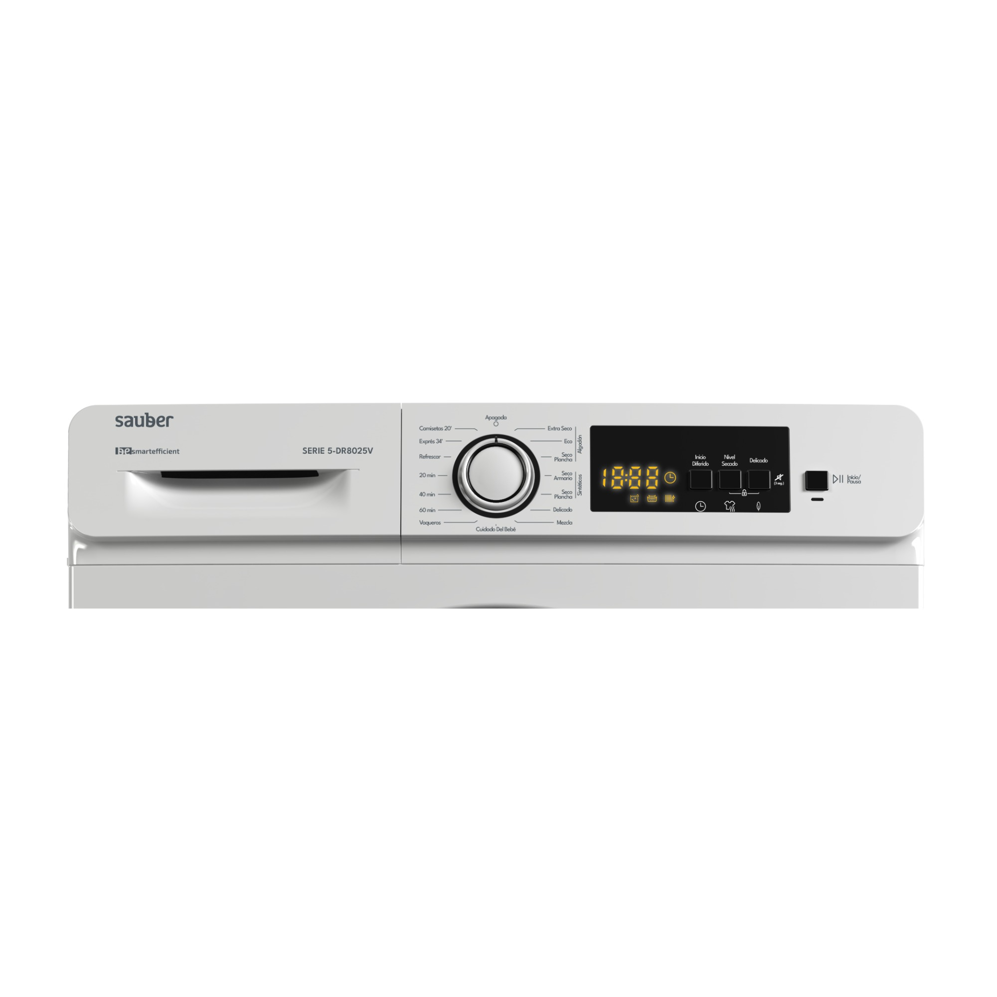 Panel frontal de secadora Sauber blanco con dial de control, pantalla digital 18:88 y varias opciones de programa.