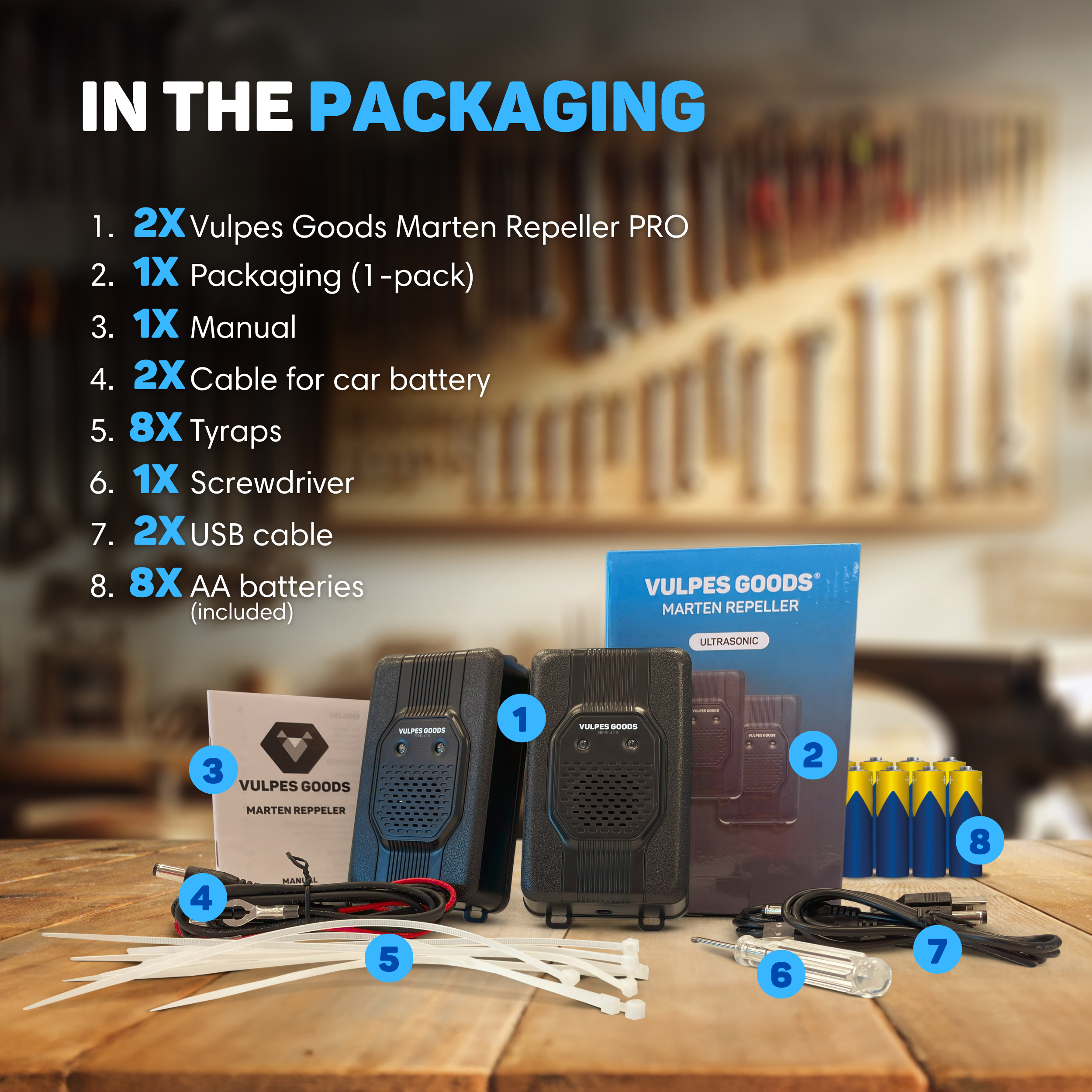 Das Bild zeigt den Inhalt der Verpackung, einschließlich Repellern, Batterien, Kabeln, einem Schraubendreher und einer Anleitung.
