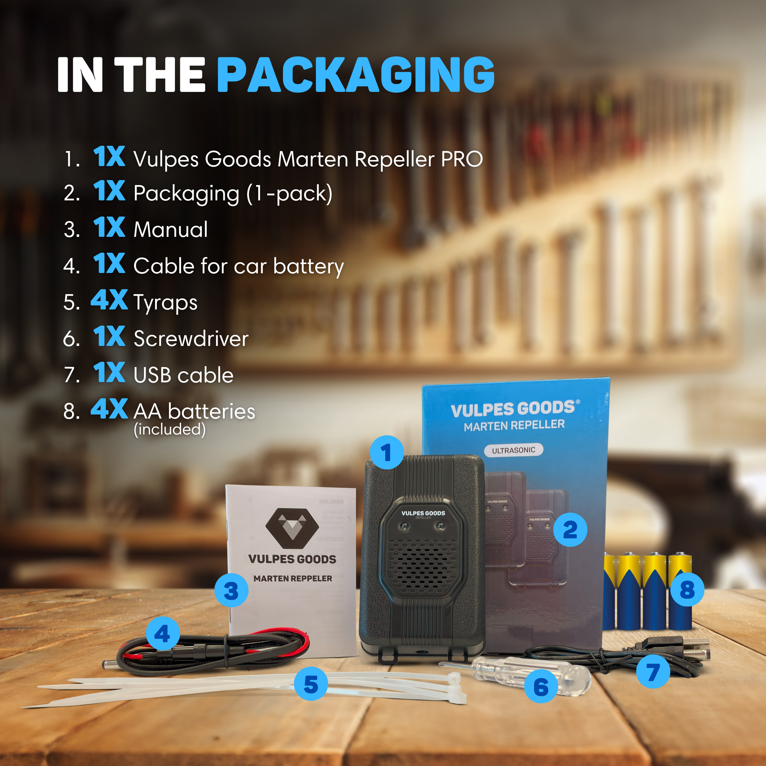 Das Bild zeigt ein Kit mit einem Repeller, Verpackung, Handbuch, Kabeln, Bindern, Schraubendreher, Batterien und USB-Kabel.