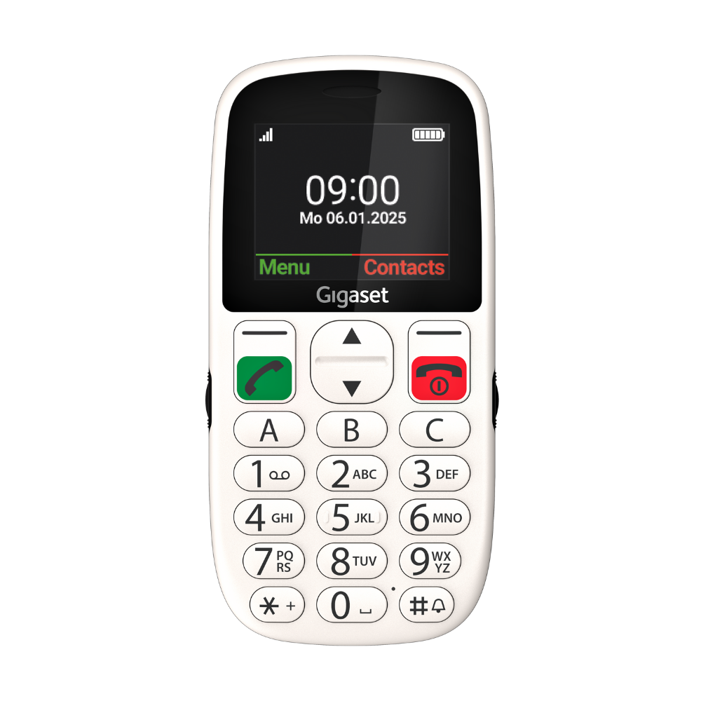 Un telefono Gigaset bianco mostra le 09:00, con un pulsante di chiamata verde, un pulsante rosso di fine chiamata e una tastiera con numeri e lettere.