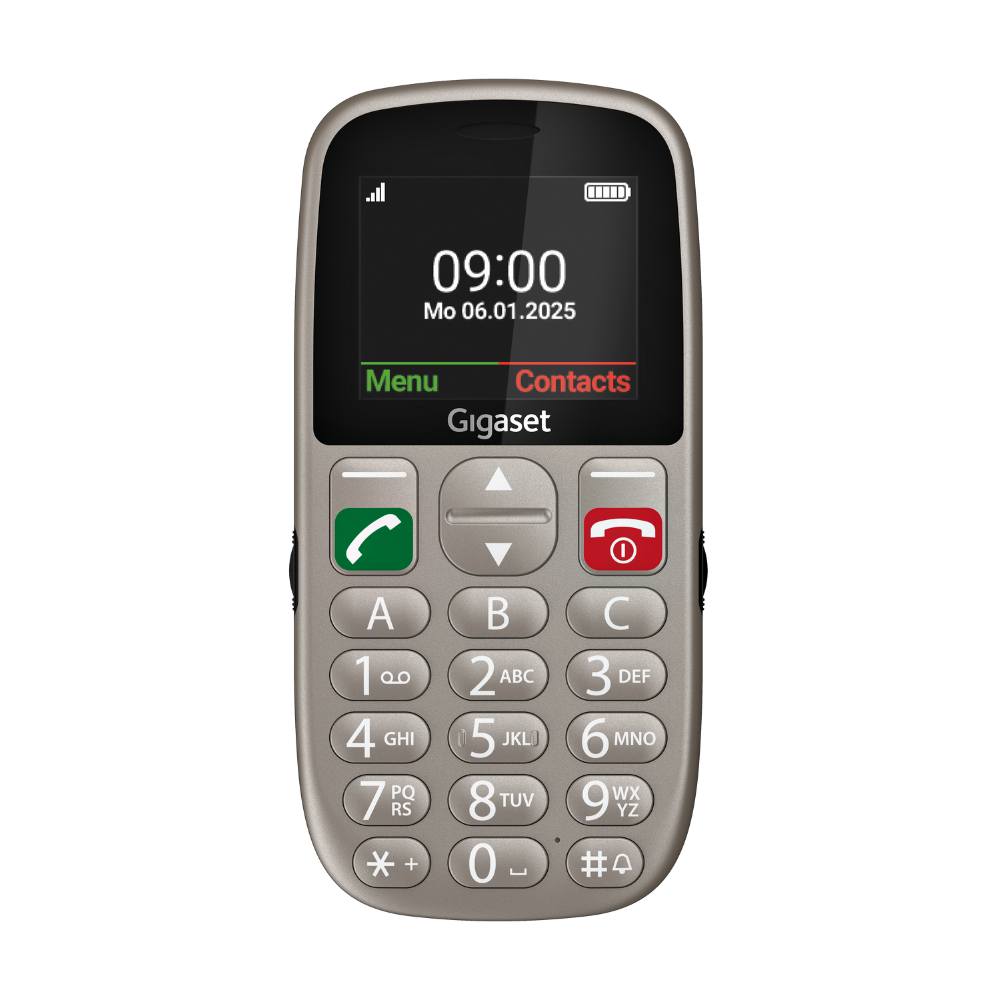 Un telefono cellulare Gigaset beige mostra l'ora e la data. Ha una tastiera numerica e pulsanti di chiamata su sfondo nero.