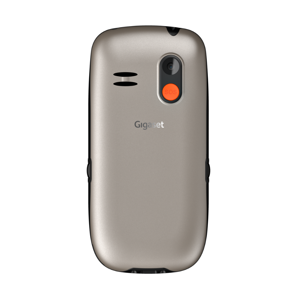 Retro di un cellulare Gigaset beige, con fotocamera, pulsante SOS e altoparlante. Il telefono è su sfondo nero.