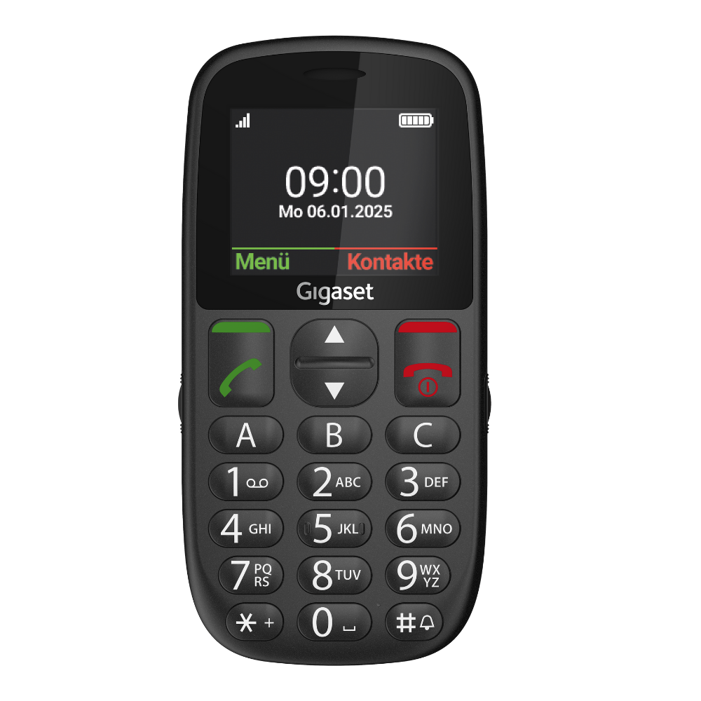 Schwarzes Gigaset-Handy mit Bildschirm, der Uhrzeit und Datum anzeigt. Es hat eine Tastatur mit großen Tasten.
