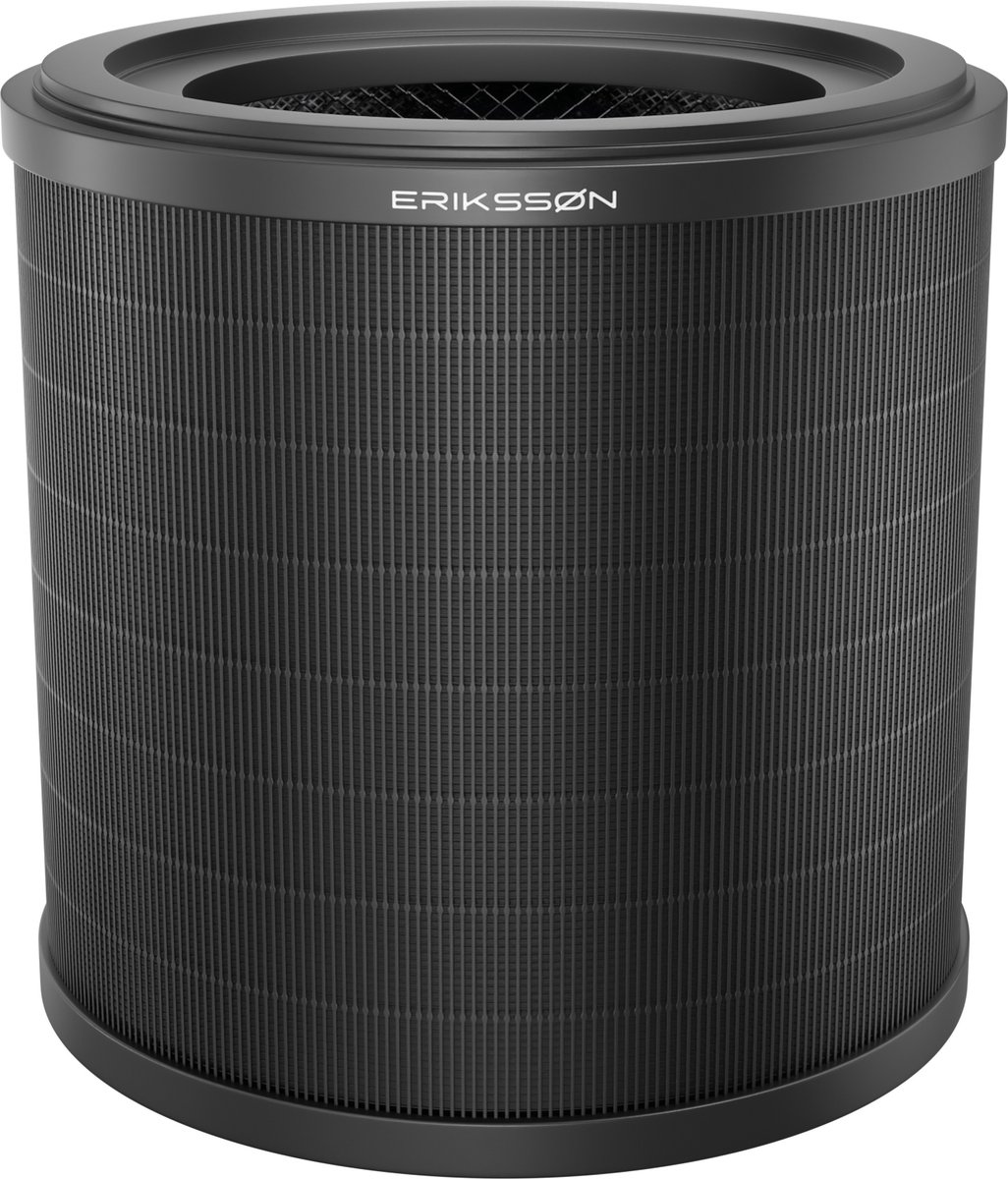 A cylindrical air filter. It is black with vertical lines. The top rim has the word ERIKSSON. The base and top are dark.