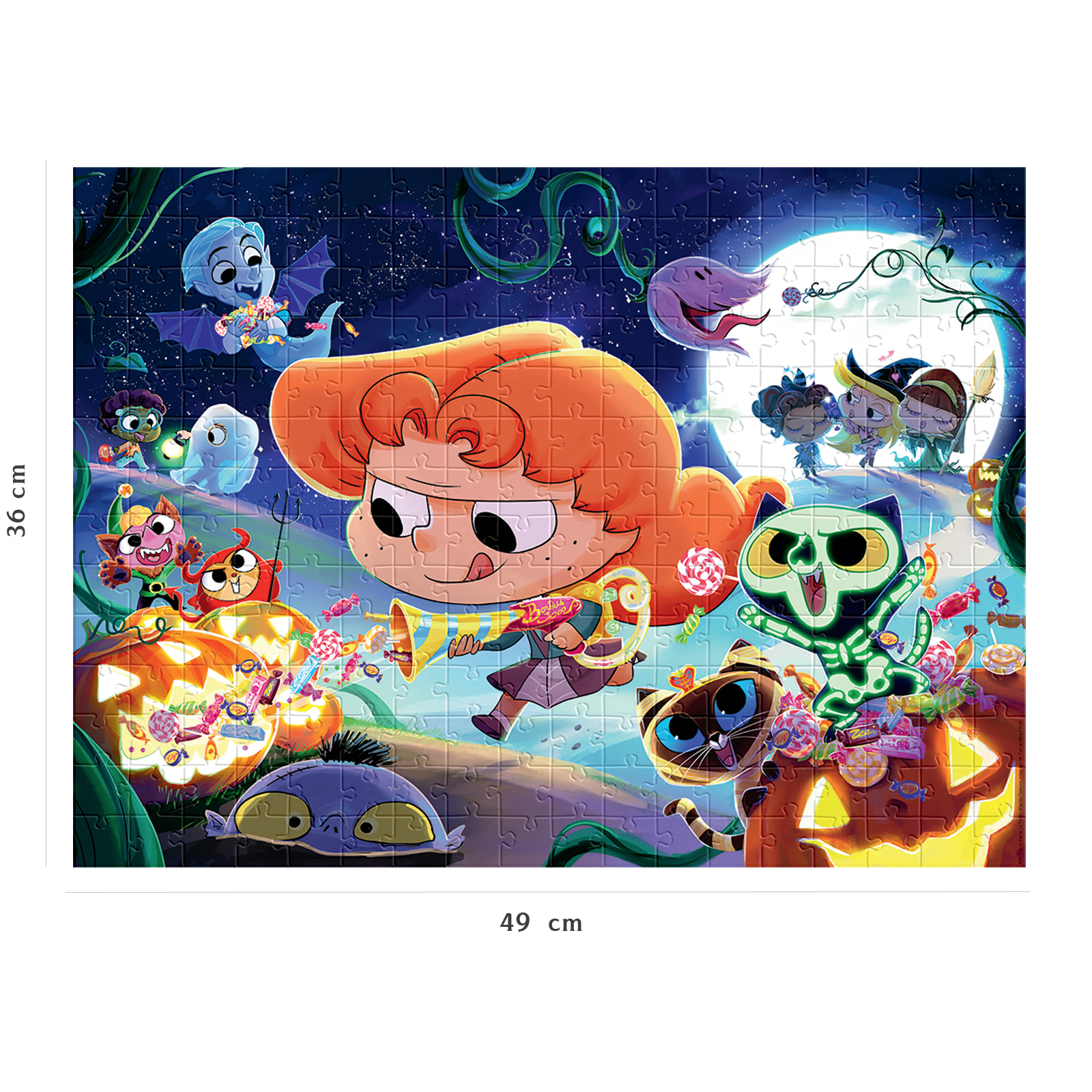Halloween-Puzzle. Mädchen mit Horn, umgeben von Monstern, Katzen, Kürbissen und Vollmond im Hintergrund.