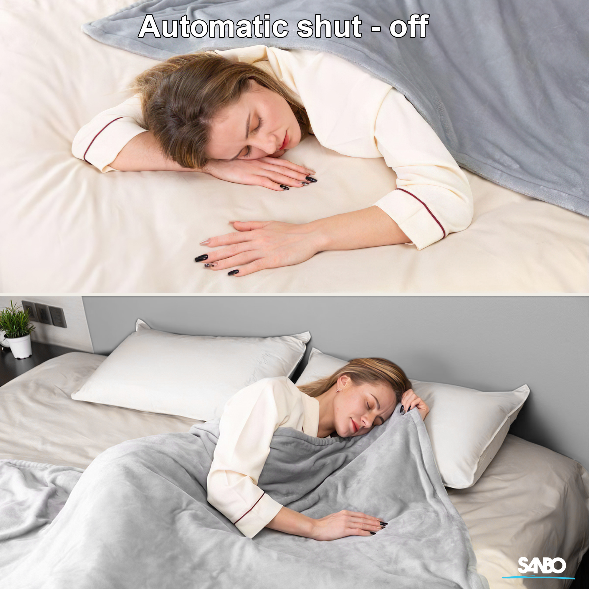Woman sleeping under a gray blanket on a bed. She wears a white shirt with red trim.