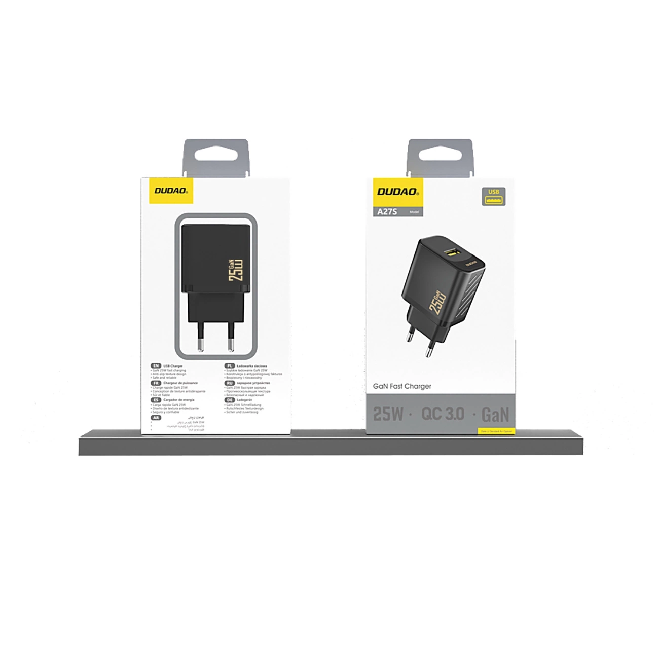 Wyświetlane są dwa pudełka ładowarek USB DUDOA. Każde pokazuje czarną ładowarkę. Teksty to '25W QC 3.0 GaN' i 'USB Charger'.
