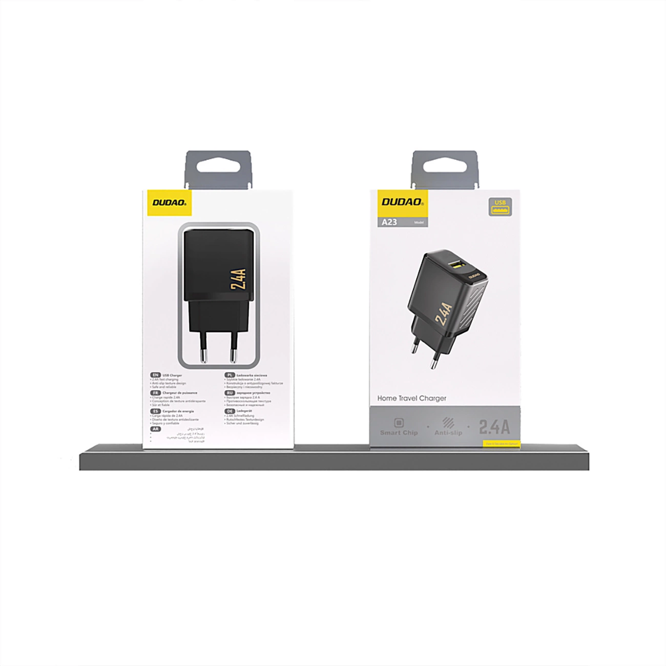 Dwie czarne ładowarki do telefonów w pudełkach, z napisem 'DUDAO' i '2.4A'. Prawa strona mówi 'Home Travel Charger' i 'A23'.