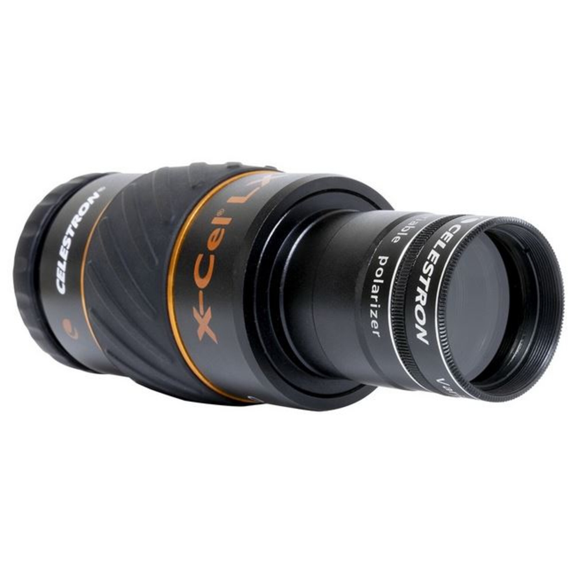 Schwarzes und oranges Celestron x-Cel LX Teleskopokular. Es hat einen variablen Polarisator und Celestron aufgedruckt.