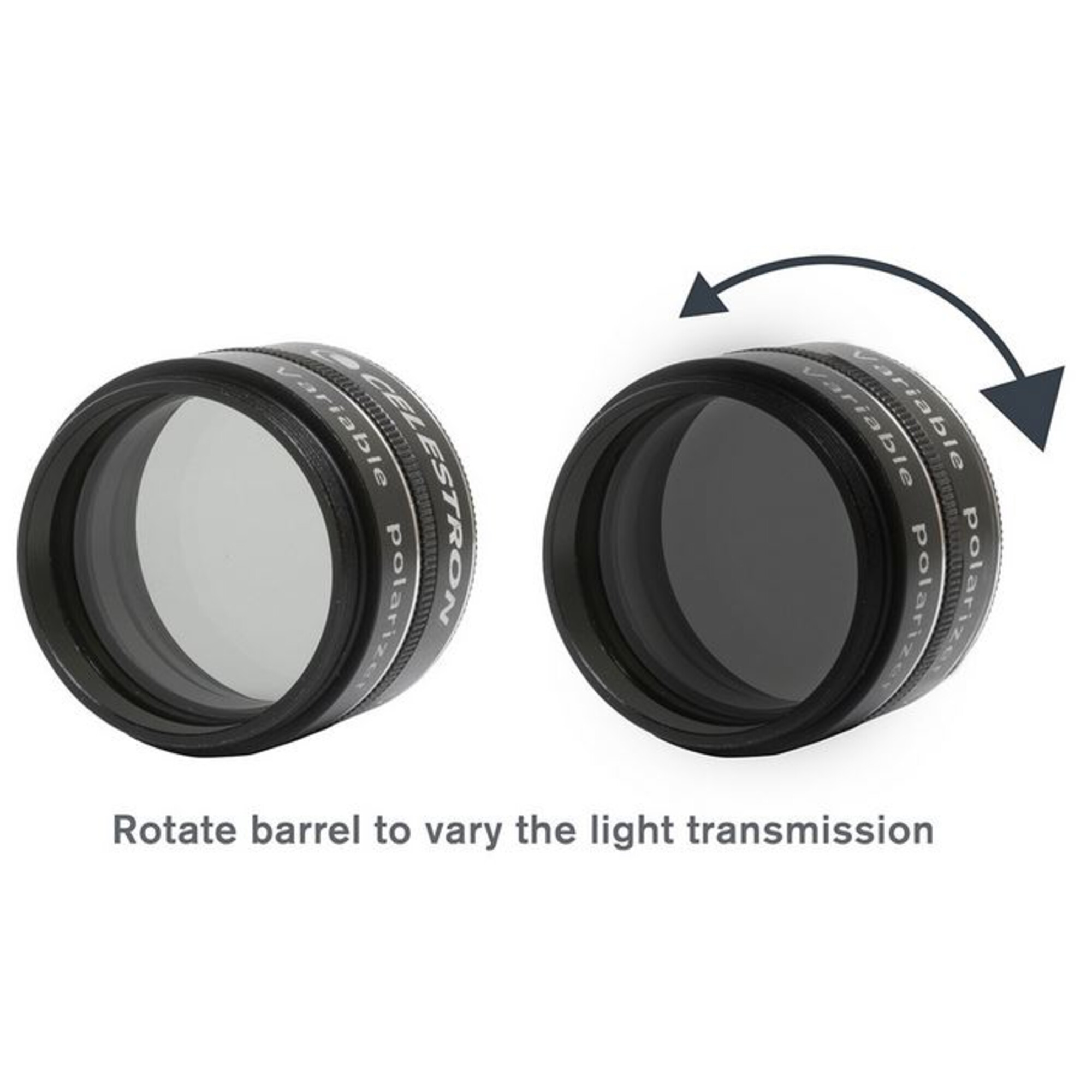 Zwei Celestron-Filter mit variabler Polarisation nebeneinander, einer klar, einer dunkel. Pfeil zeigt die Drehung an, um das Licht zu variieren.