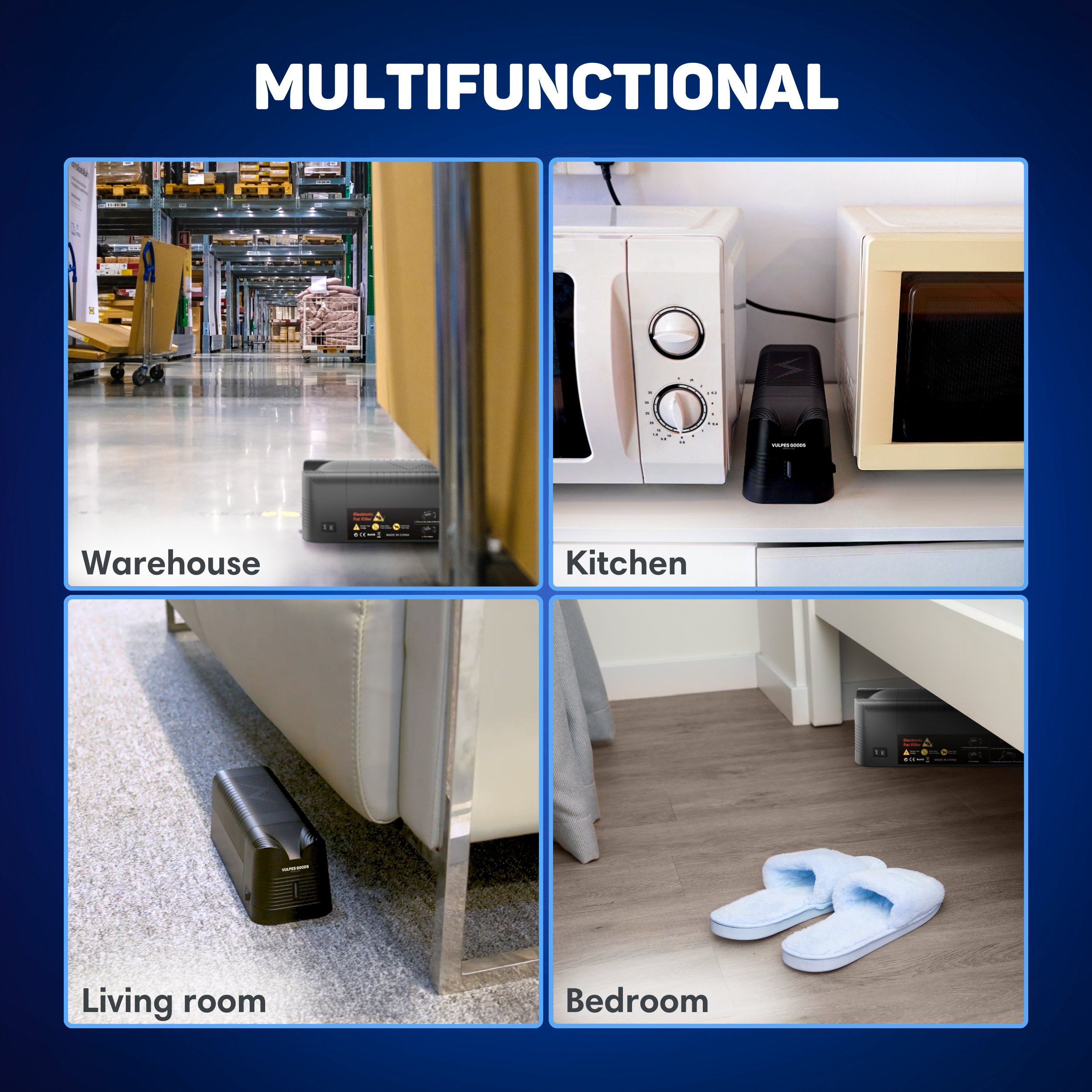 Image shows a product in different settings: warehouse, kitchen, living room, and bedroom. Each setting has the product.