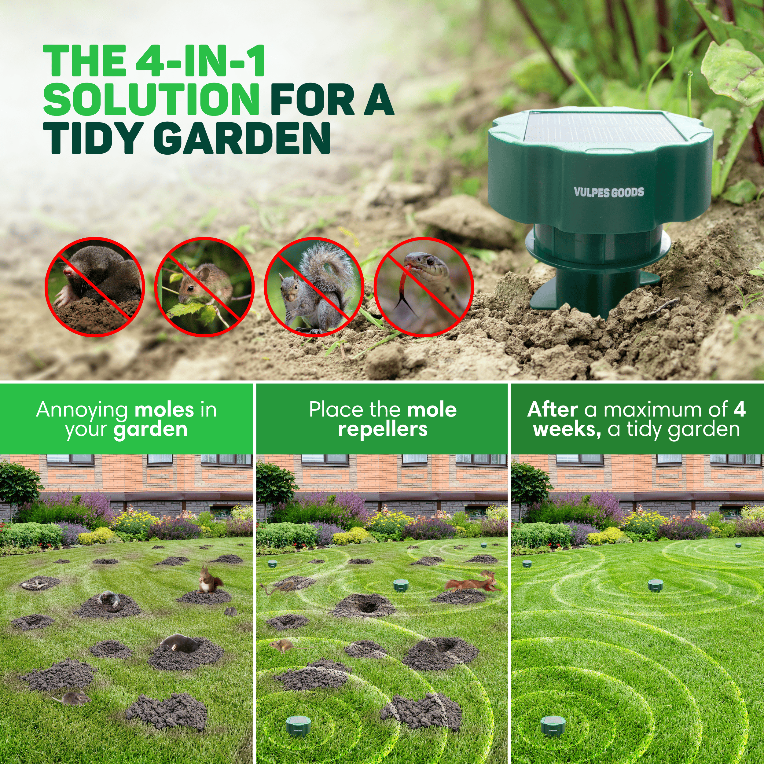 Image shows a green solar-powered mole repeller, with a garden scene. Text says, '4-in-1 solution for a tidy garden'.