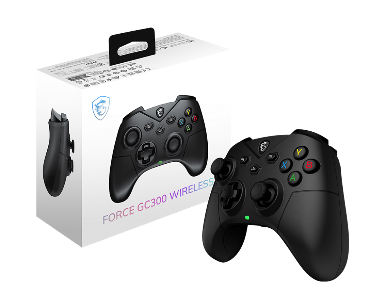Czarny gamepad MSI Force GC300 Wireless z pudełkiem. Pudełko ma uchwyt i pokazuje gamepad. Gamepad jest również pokazany osobno.