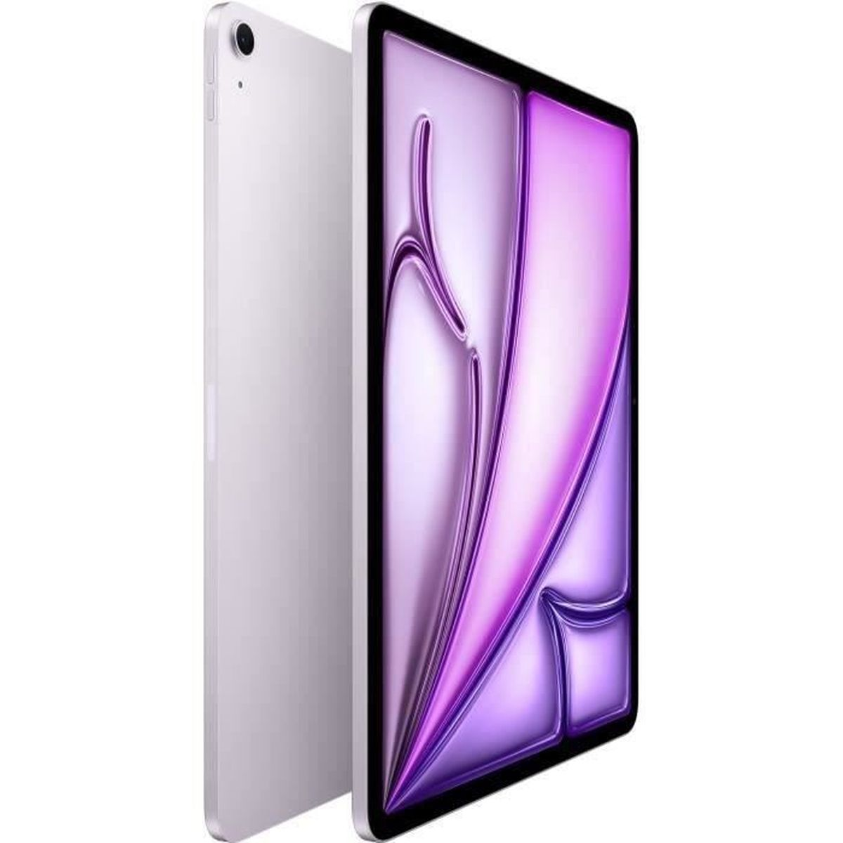 Srebrny tablet z fioletowo-białym ekranem jest wyświetlany pod kątem, pokazując tył i ekran.