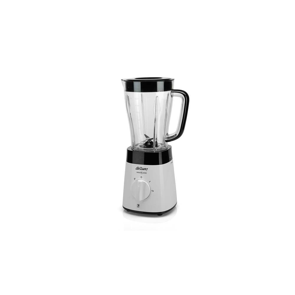 Şeffaf kap, siyah sap ve kapaklı, beyaz bir blender ve üzerinde numaralar bulunan bir kadran.