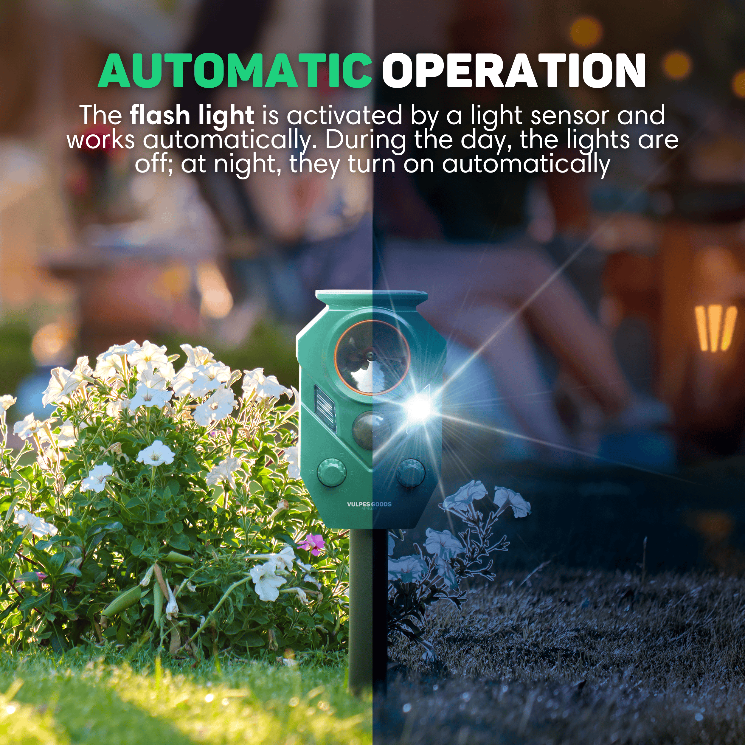 A green pest repeller with a light, in a garden scene. It has text: automatic operation. Flowers are in the foreground.