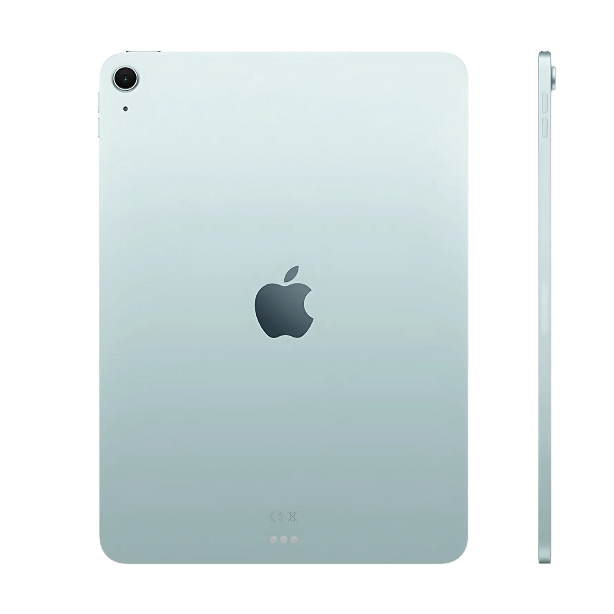 Een lichtblauwe iPad met het Apple-logo. De zijaanzicht toont het slanke profiel. Cameralens zichtbaar linksboven.