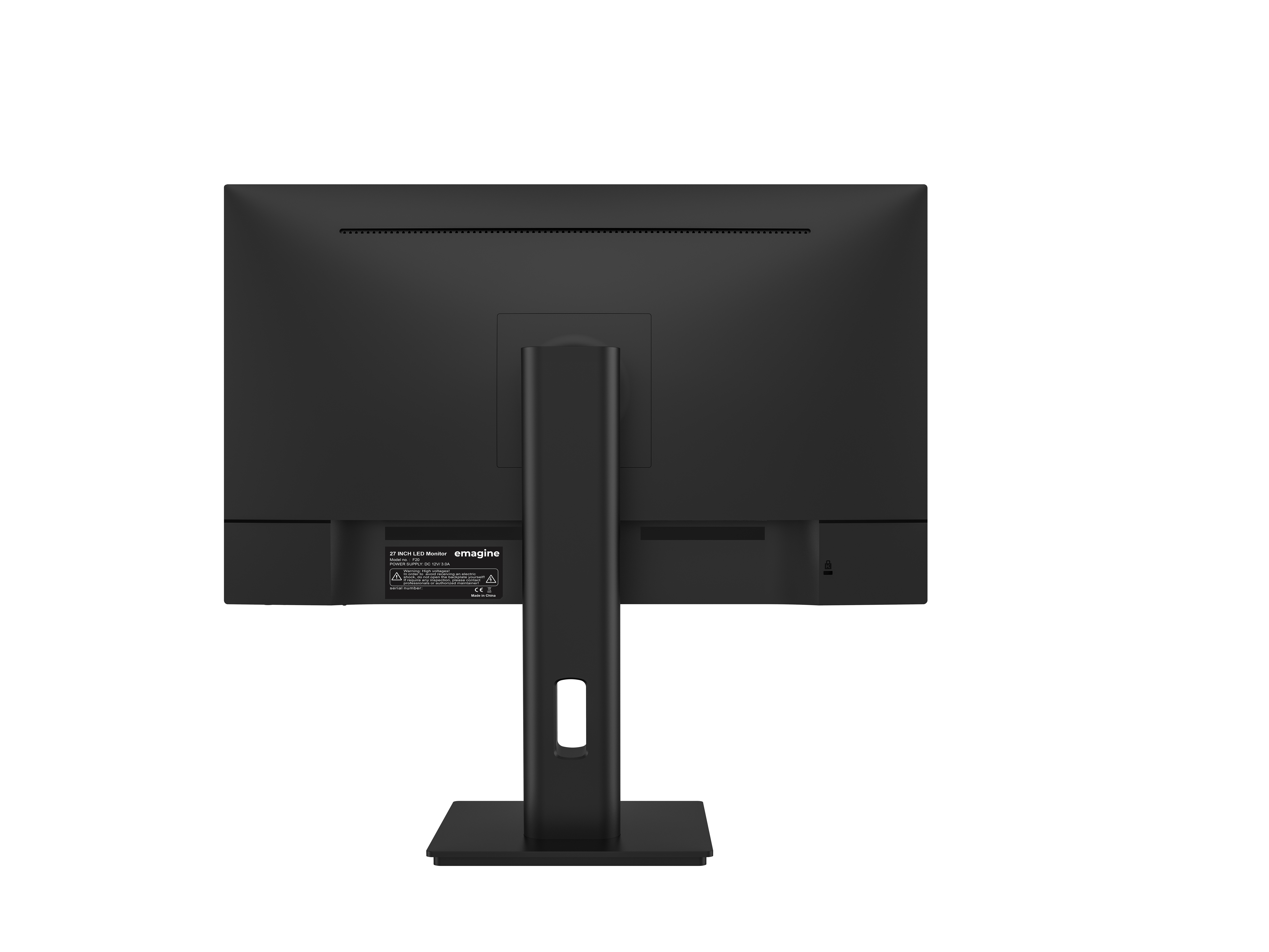 Se muestra la parte posterior de un monitor de computadora negro. Un soporte sostiene la pantalla. El logo es 'emagine'.