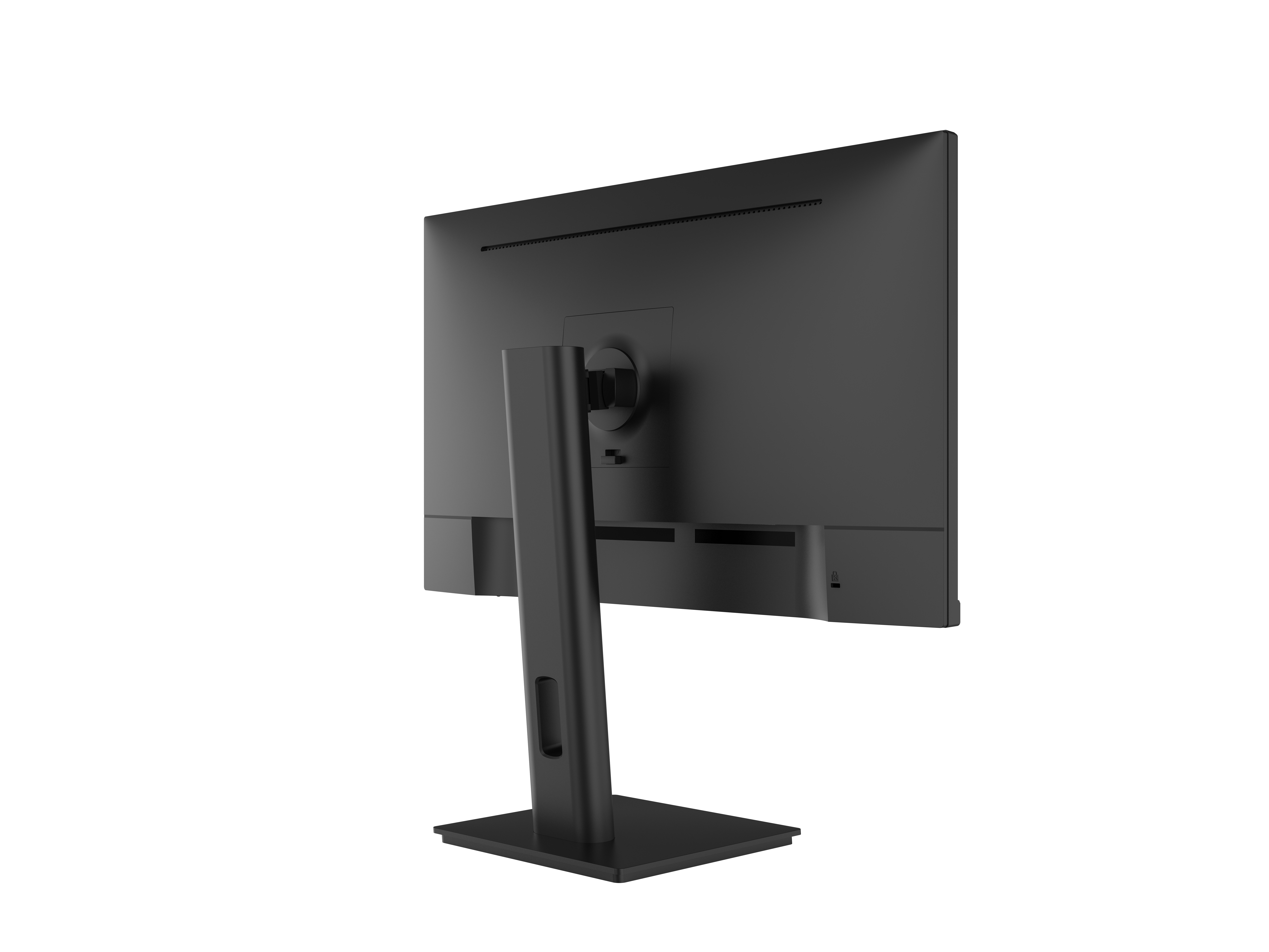 Se muestra la parte posterior de un monitor de computadora negro, con un soporte adjunto. El monitor está sobre fondo blanco.