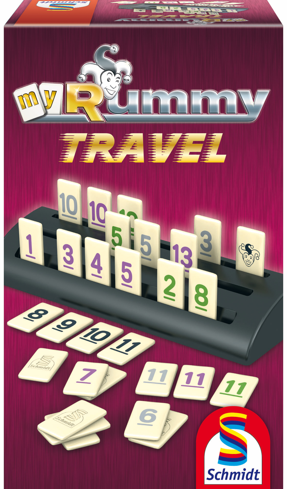 Eine Spielbox 'My Rummy Travel' mit Spielsteinen, die Zahlen und ein Jokersymbol zeigen, vor dunklem pinkfarbenem Hintergrund.