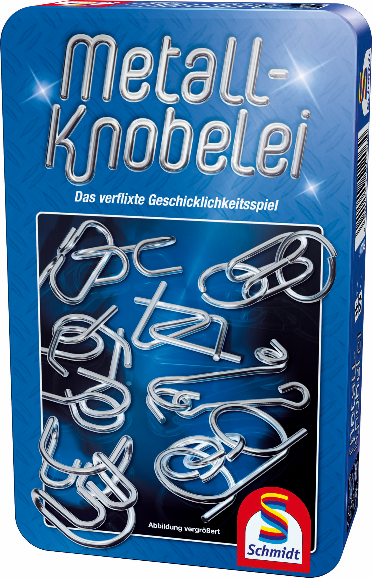 Schachtel mit dem Puzzlespiel 'Metall-Knobelei'. Zeigt Metallpuzzles in verschiedenen Formen und das Schmidt-Logo.